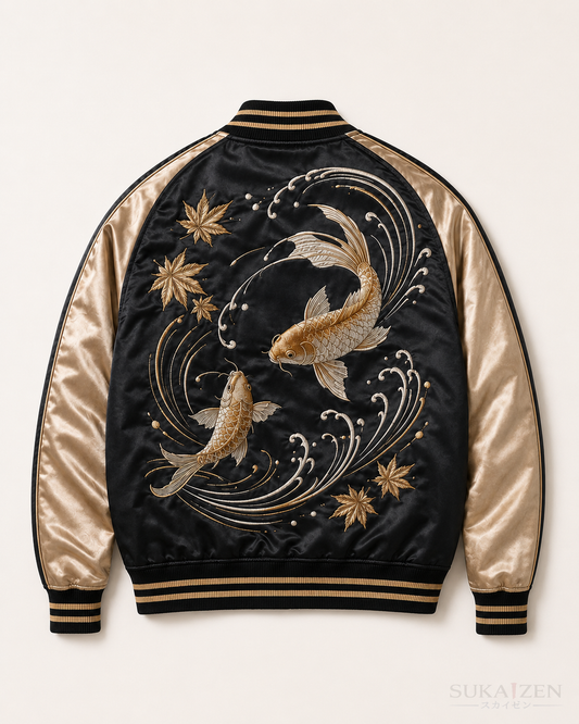 Golden Koi Cascade Sukajan Jacket by Sukaizen in black with gold sleeves and koi fish wave embroidery