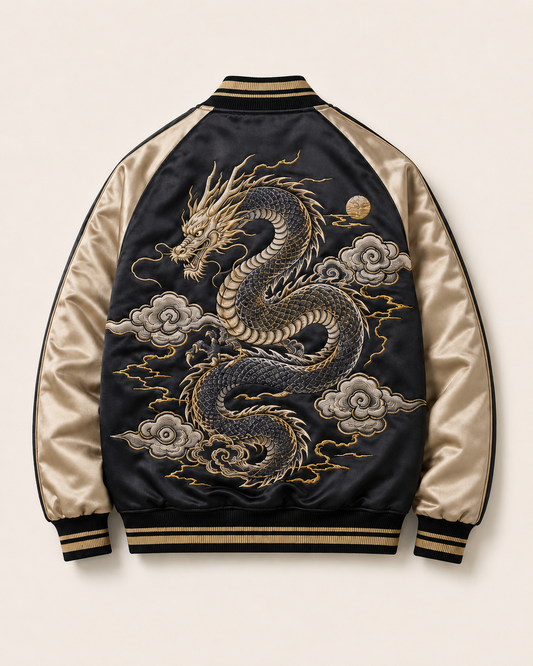 Imperial Dragon Cloud Sukajan Jacket by Sukaizen in black with gold sleeves and dragon cloud embroidery