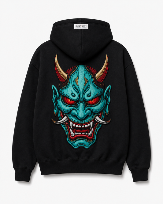 Azure Oni Kanji Hoodie by Sukaizen in black with red kanji front embroidery and large teal oni mask back design