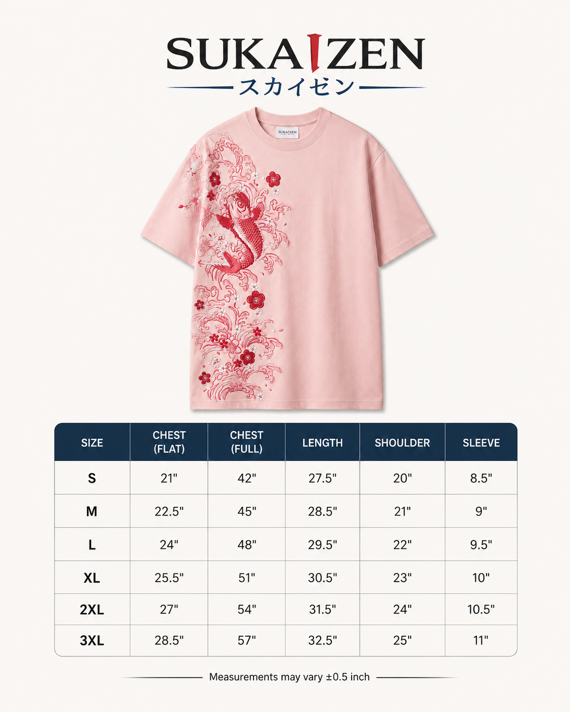 Sakura Koi Wave T-Shirt by Sukaizen in soft pink with red koi fish wave and sakura blossom embroidery