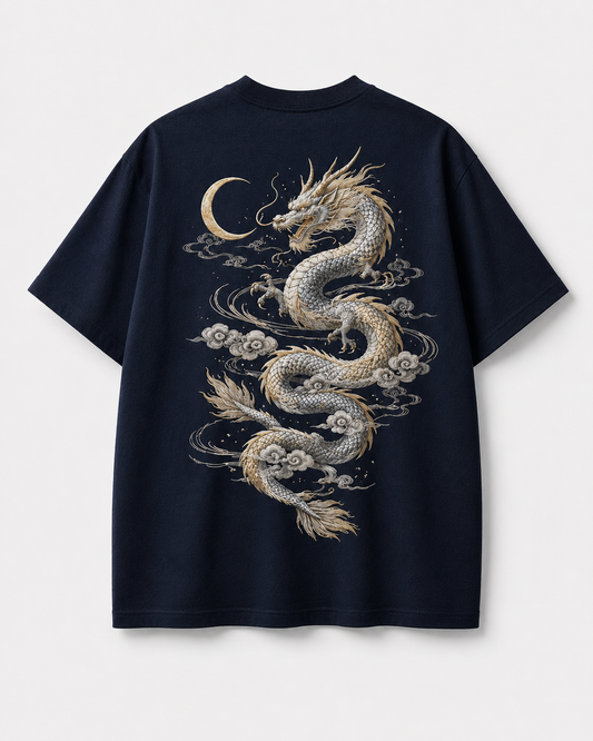 Lunar Dragon Cloud T-Shirt by Sukaizen in deep navy blue with silver gold dragon crescent moon and cloud embroidery