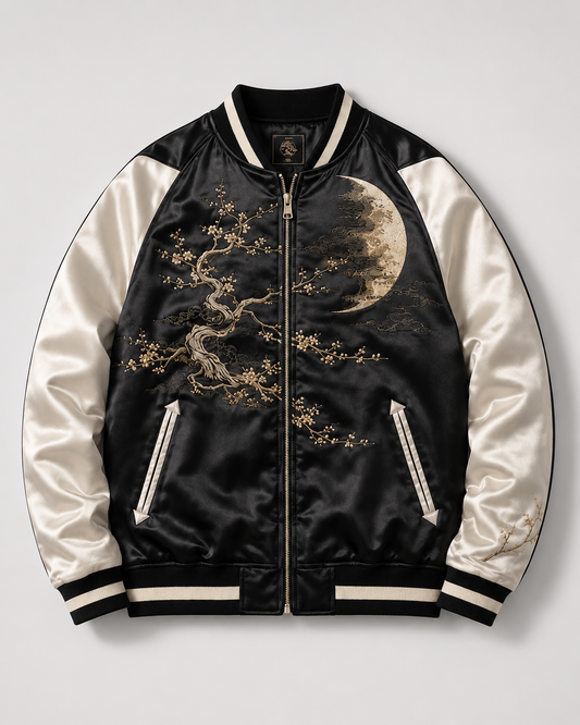 Zen Bonsai Moon Sukajan Jacket by Sukaizen in black with ivory sleeves and bonsai tree moon embroidery