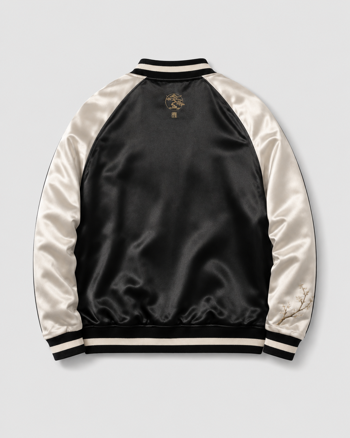 Zen Bonsai Moon Sukajan Jacket by Sukaizen in black with ivory sleeves and bonsai tree moon embroidery