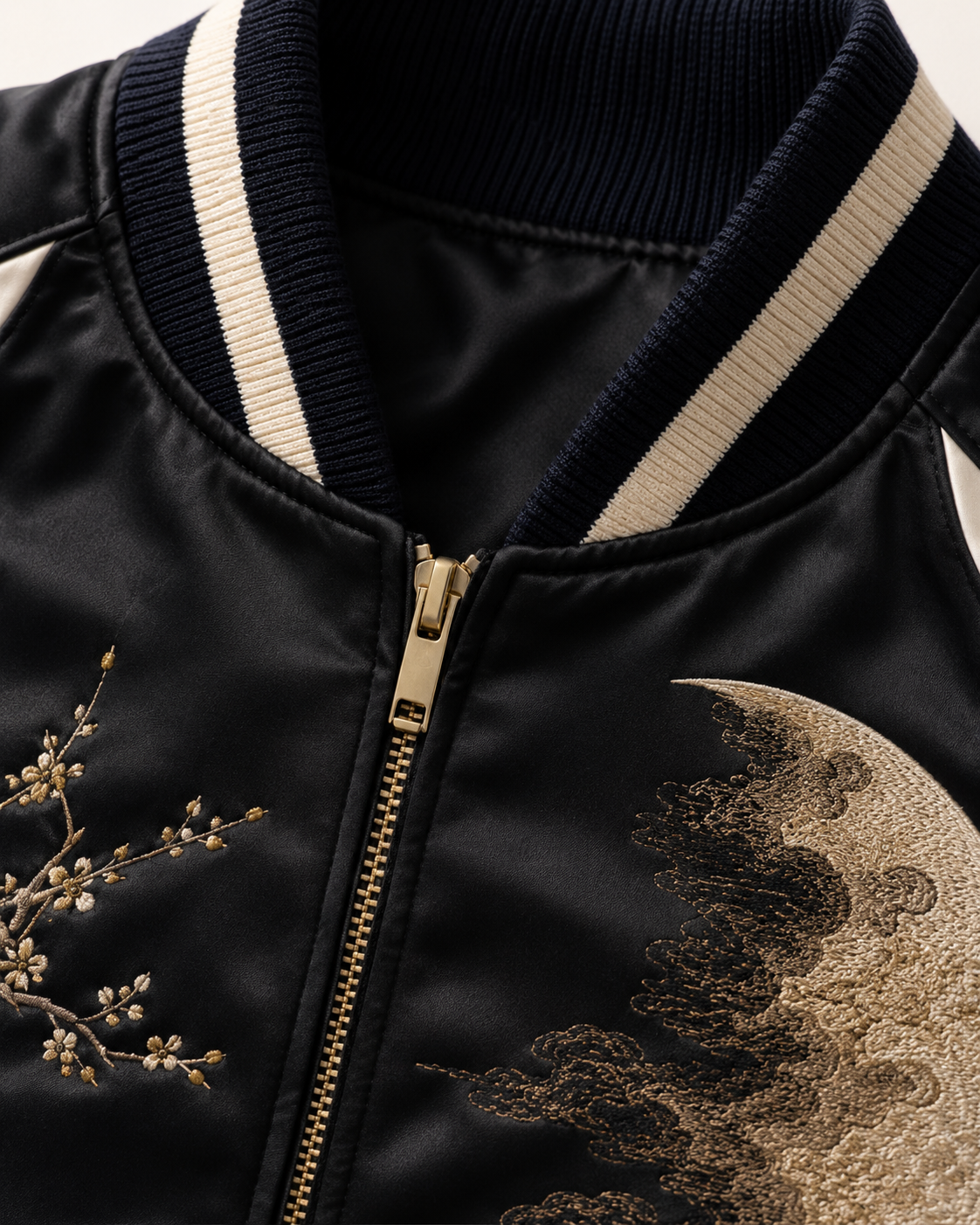 Zen Bonsai Moon Sukajan Jacket by Sukaizen in black with ivory sleeves and bonsai tree moon embroidery