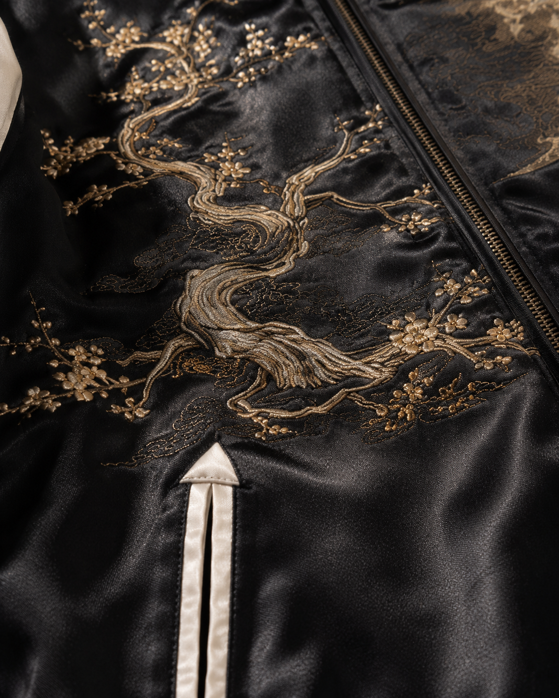 Zen Bonsai Moon Sukajan Jacket by Sukaizen in black with ivory sleeves and bonsai tree moon embroidery