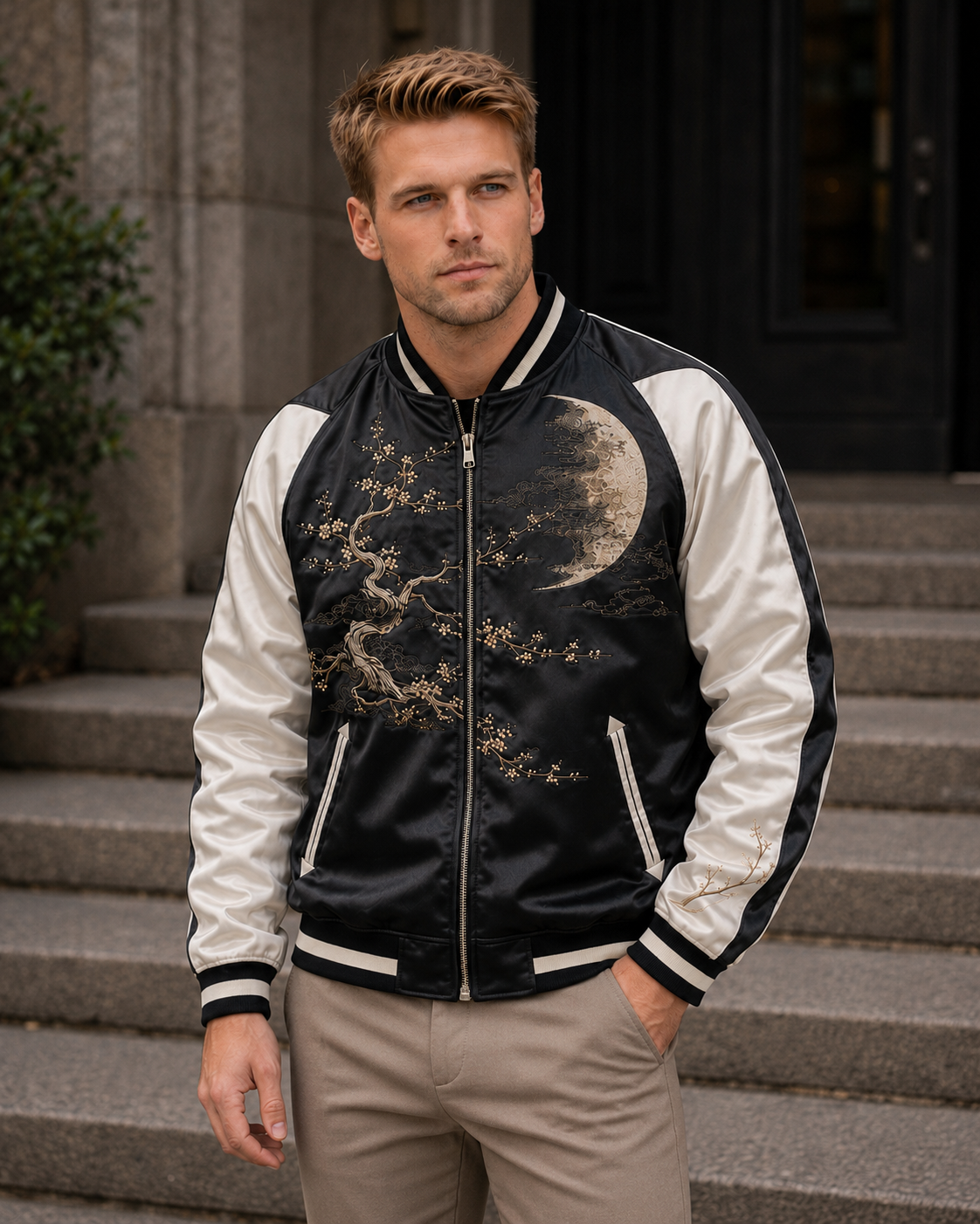 Zen Bonsai Moon Sukajan Jacket by Sukaizen in black with ivory sleeves and bonsai tree moon embroidery