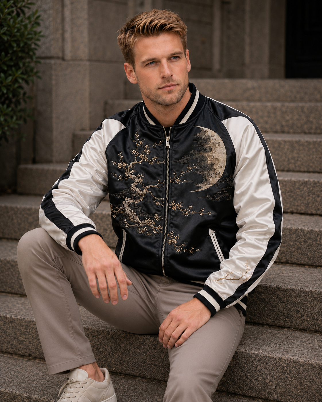 Zen Bonsai Moon Sukajan Jacket by Sukaizen in black with ivory sleeves and bonsai tree moon embroidery