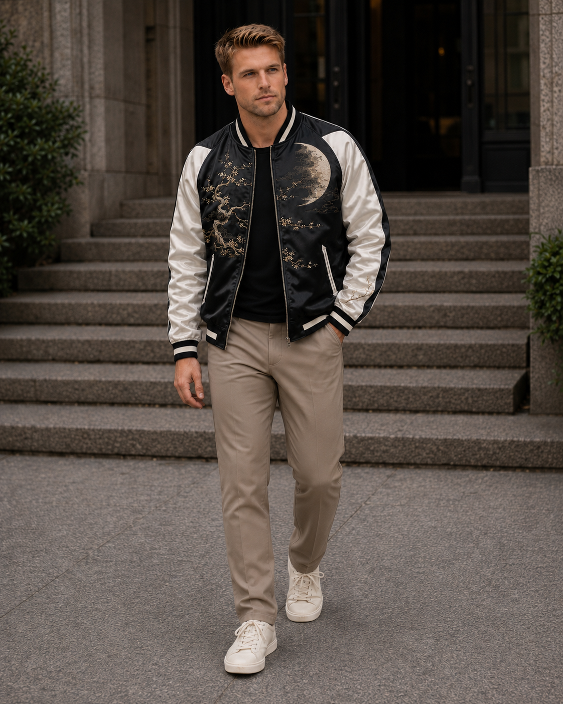 Zen Bonsai Moon Sukajan Jacket by Sukaizen in black with ivory sleeves and bonsai tree moon embroidery