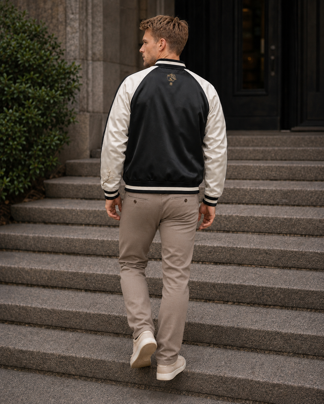 Zen Bonsai Moon Sukajan Jacket by Sukaizen in black with ivory sleeves and bonsai tree moon embroidery