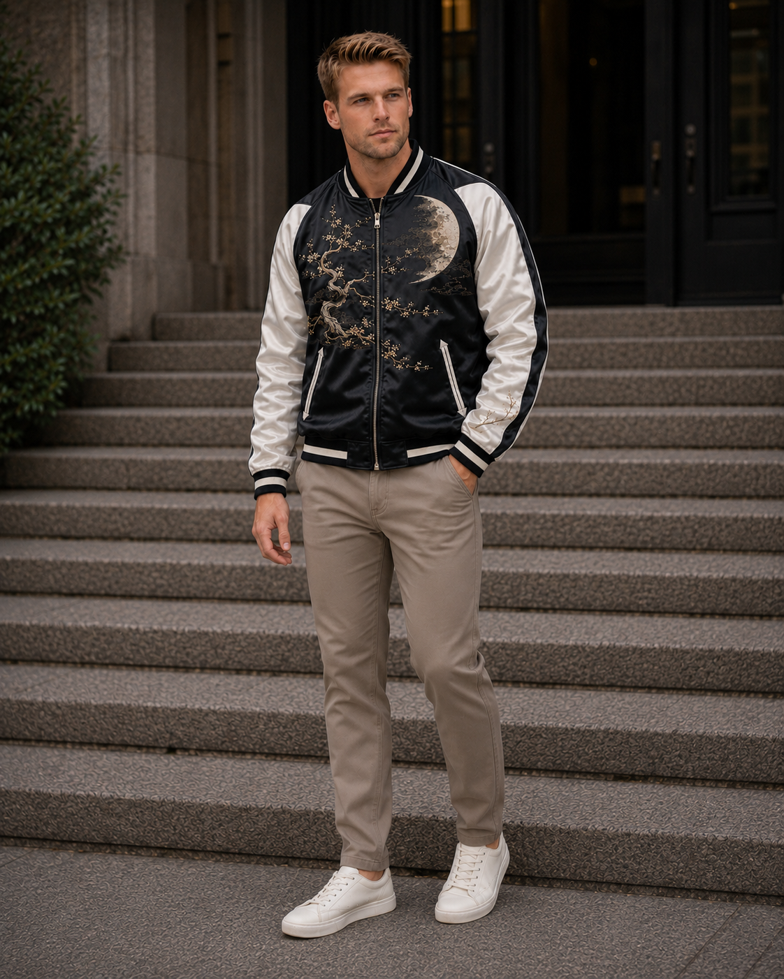 Zen Bonsai Moon Sukajan Jacket by Sukaizen in black with ivory sleeves and bonsai tree moon embroidery