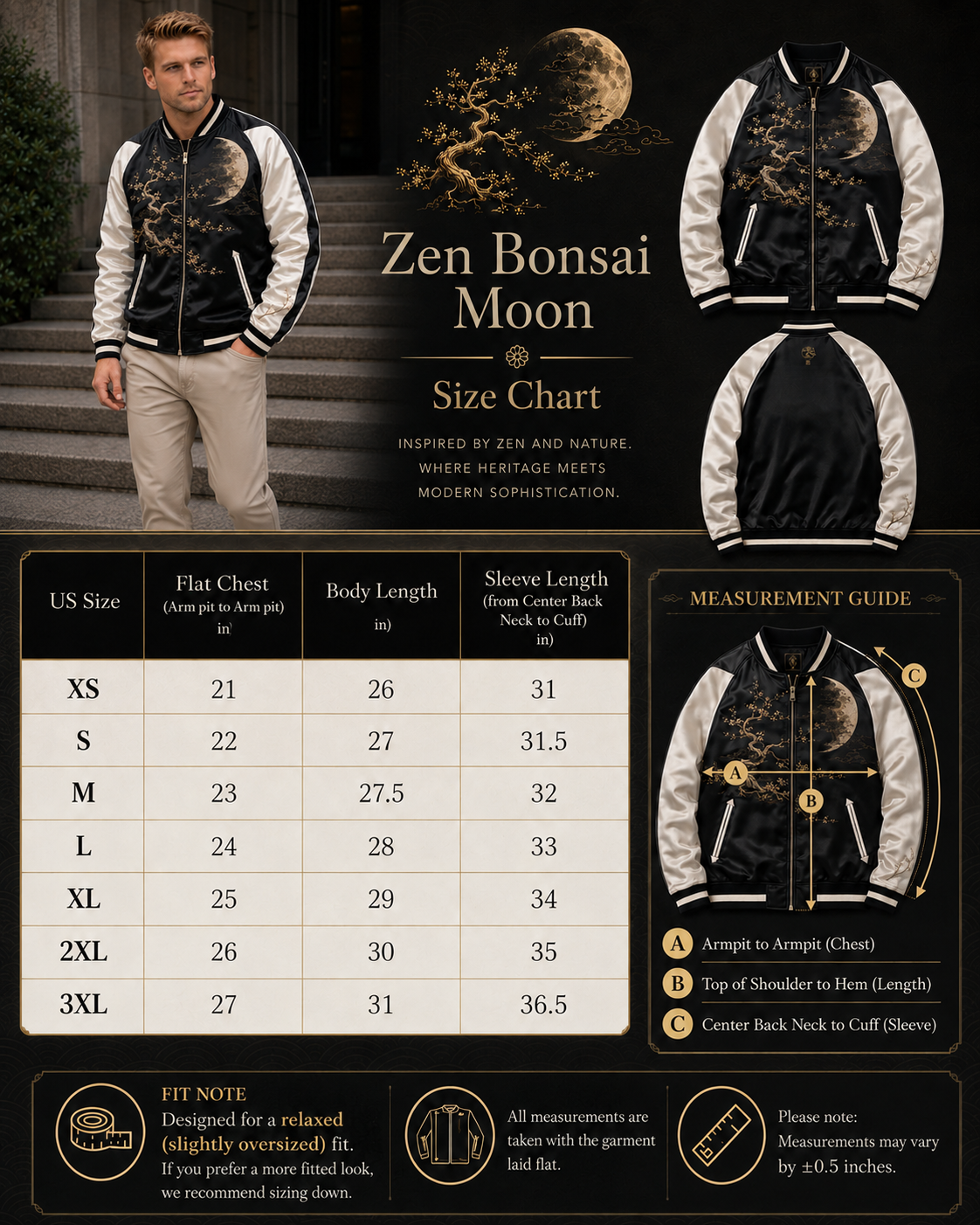 Zen Bonsai Moon Sukajan Jacket by Sukaizen in black with ivory sleeves and bonsai tree moon embroidery