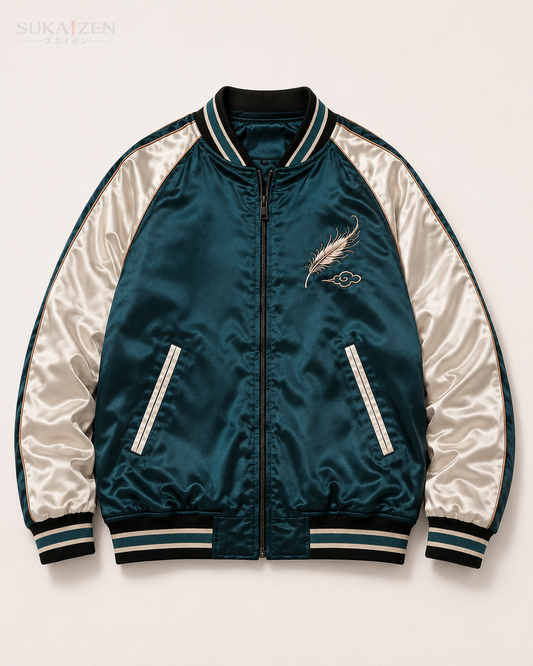 Teal Phoenix Drift Sukajan Jacket by Sukaizen in teal blue with ivory sleeves and phoenix embroidery