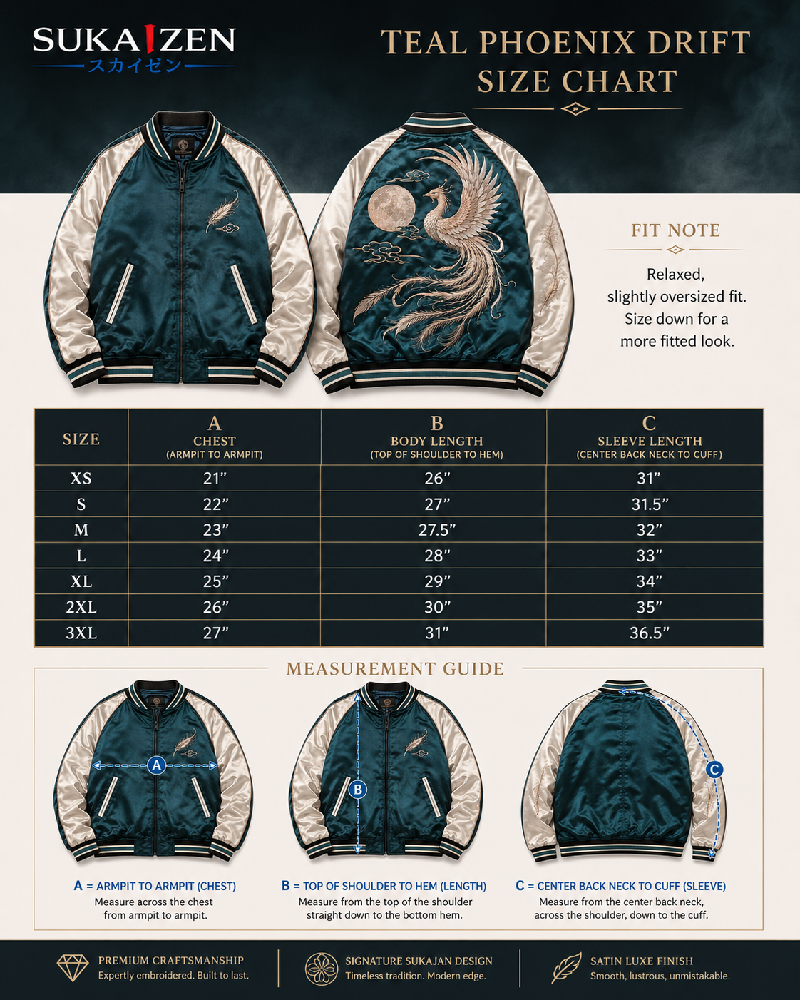 Teal Phoenix Drift Sukajan Jacket by Sukaizen in teal blue with ivory sleeves and phoenix embroidery