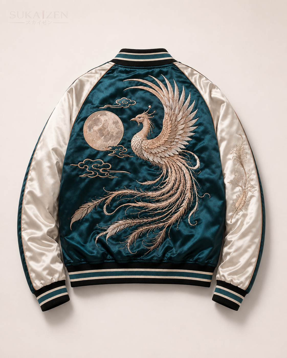 Teal Phoenix Drift Sukajan Jacket by Sukaizen in teal blue with ivory sleeves and phoenix embroidery