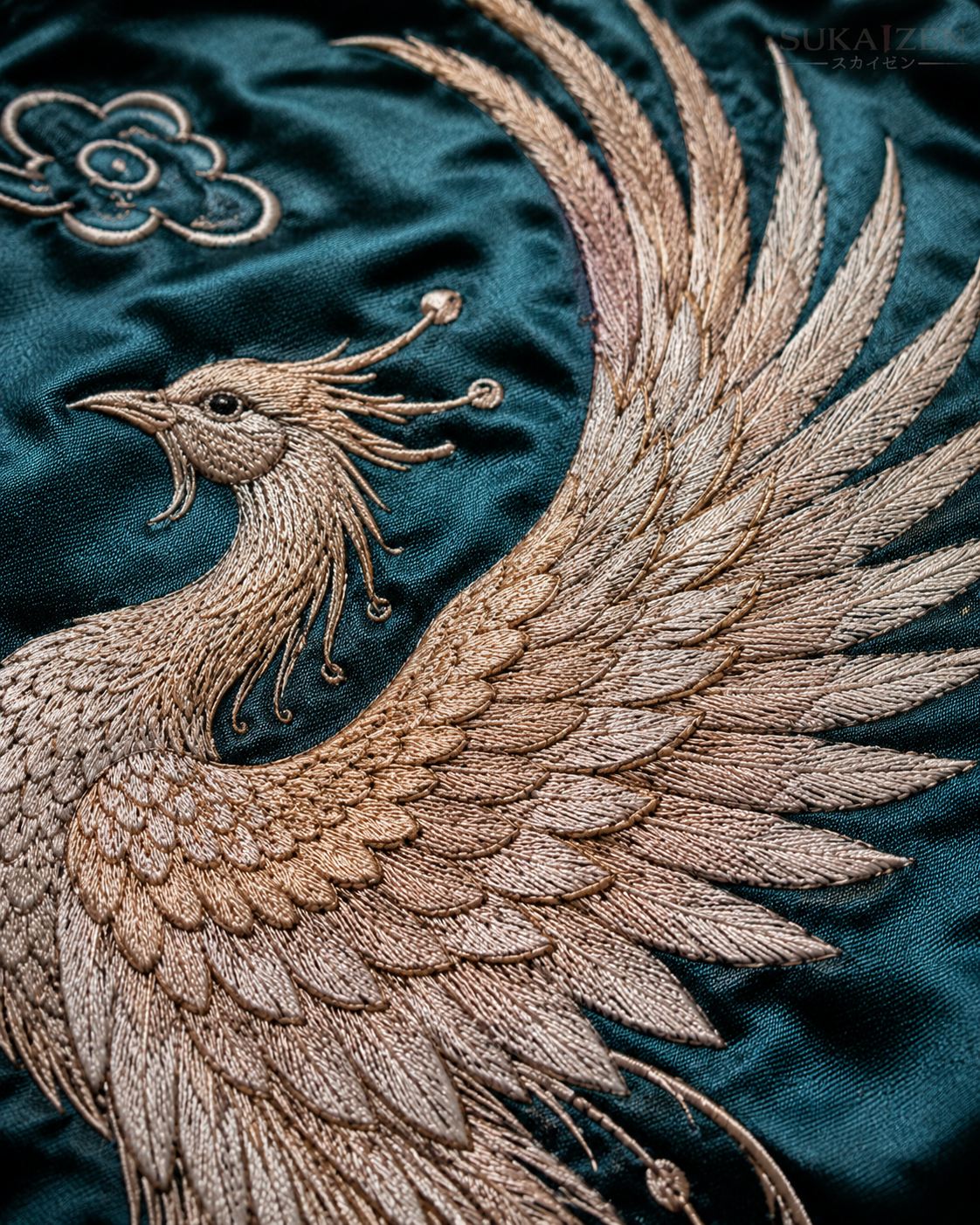 Teal Phoenix Drift Sukajan Jacket by Sukaizen in teal blue with ivory sleeves and phoenix embroidery