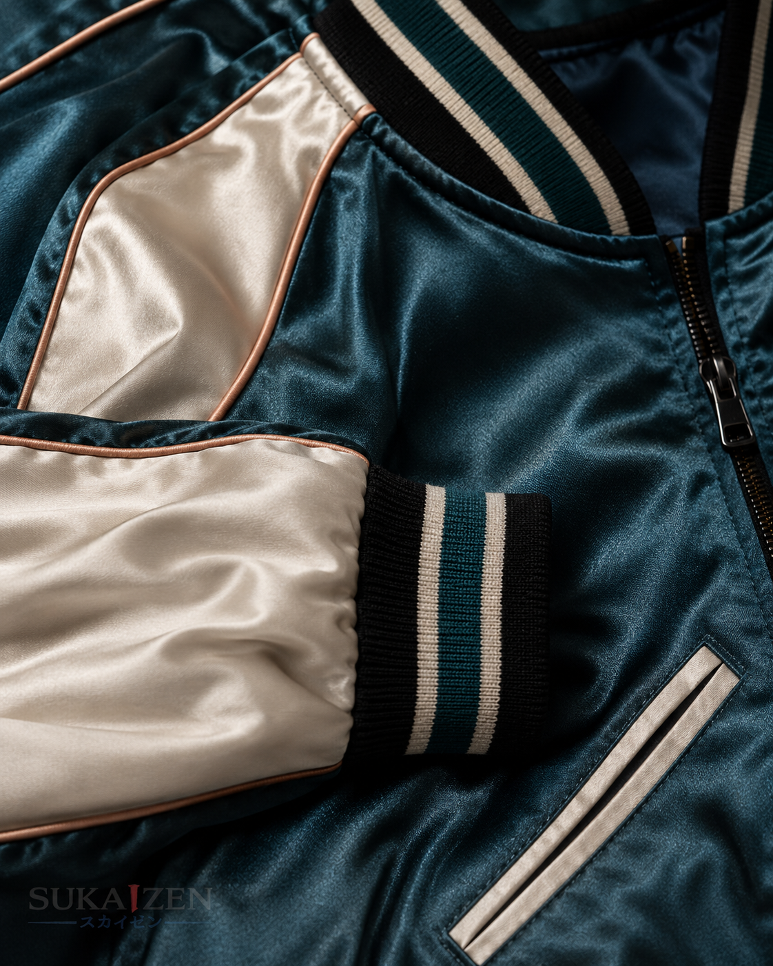 Teal Phoenix Drift Sukajan Jacket by Sukaizen in teal blue with ivory sleeves and phoenix embroidery