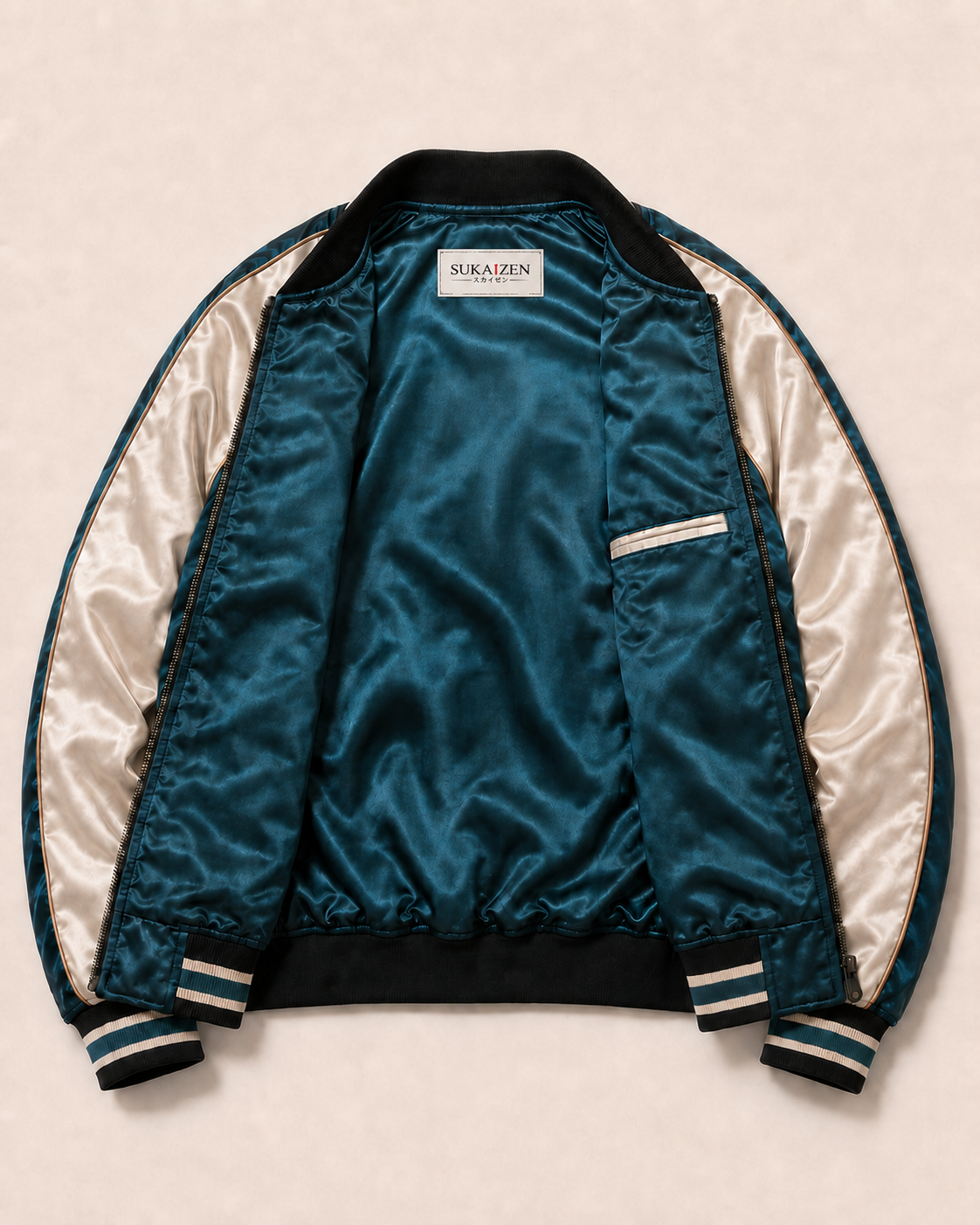 Teal Phoenix Drift Sukajan Jacket by Sukaizen in teal blue with ivory sleeves and phoenix embroidery