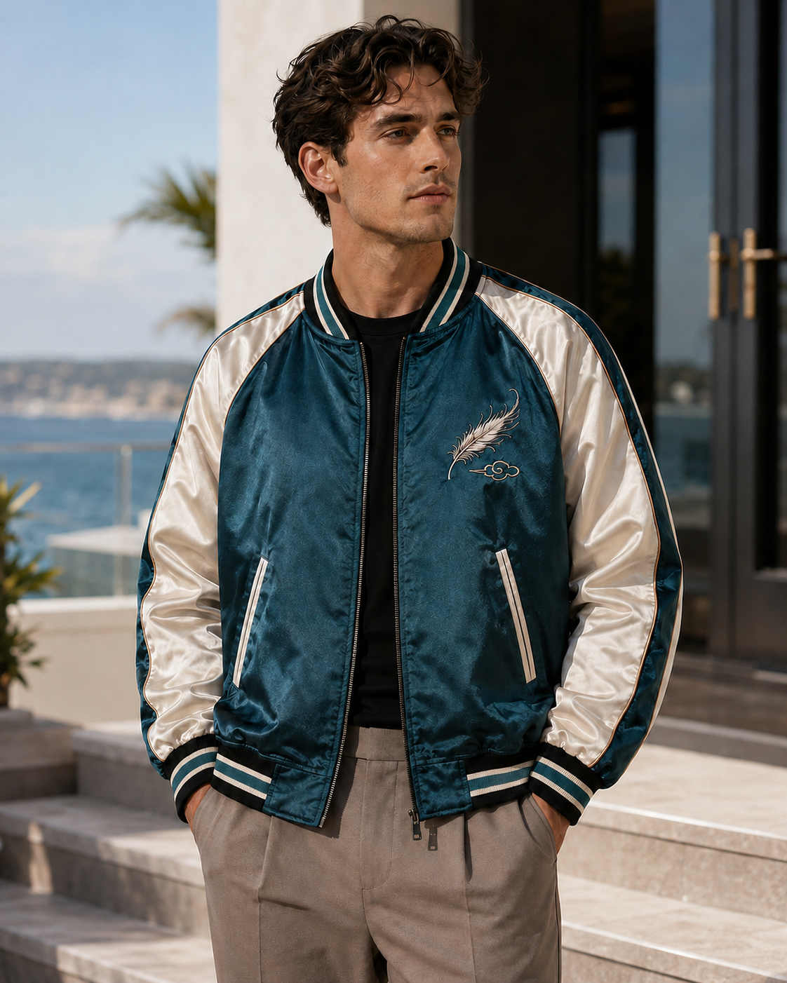 Teal Phoenix Drift Sukajan Jacket by Sukaizen in teal blue with ivory sleeves and phoenix embroidery