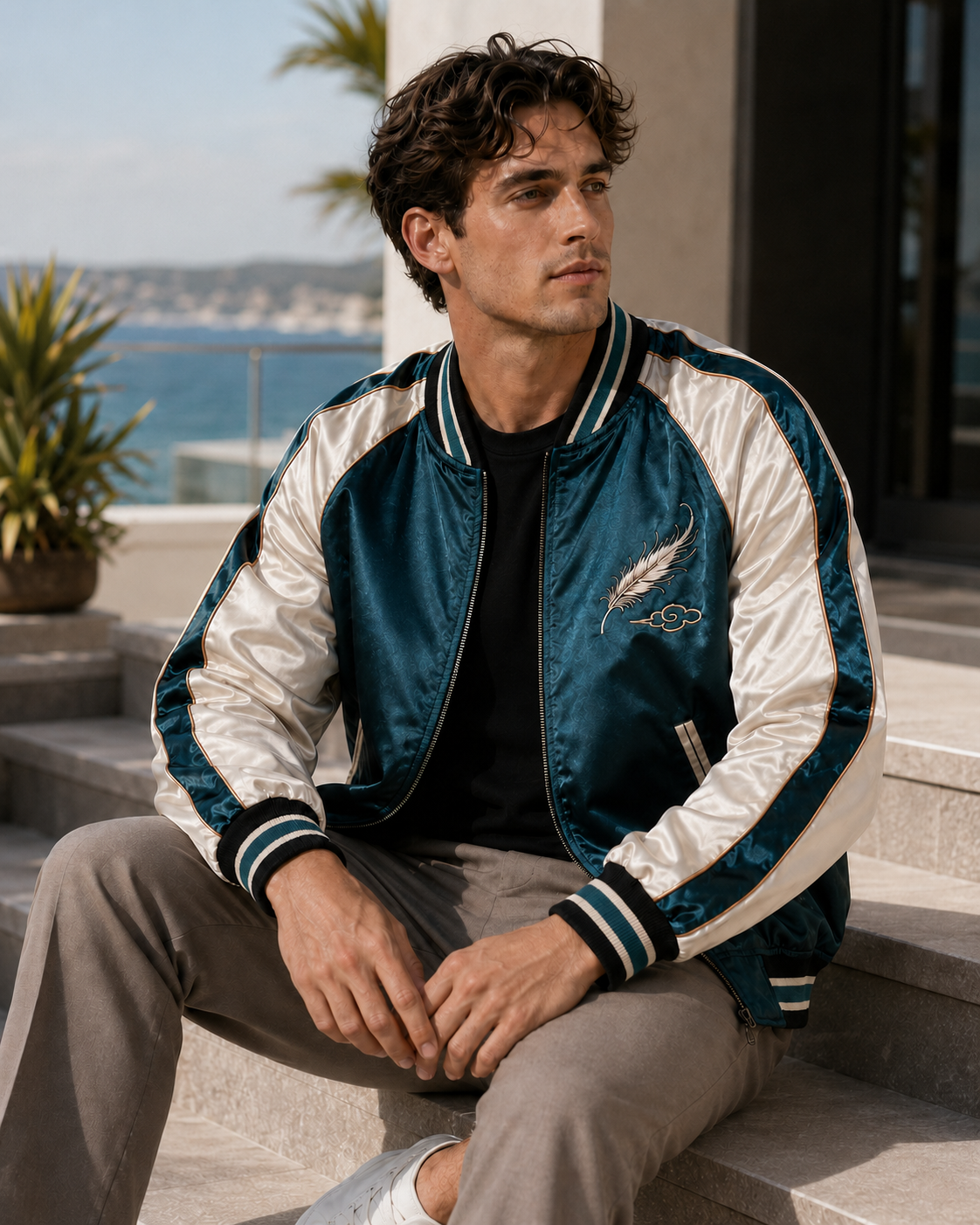 Teal Phoenix Drift Sukajan Jacket by Sukaizen in teal blue with ivory sleeves and phoenix embroidery