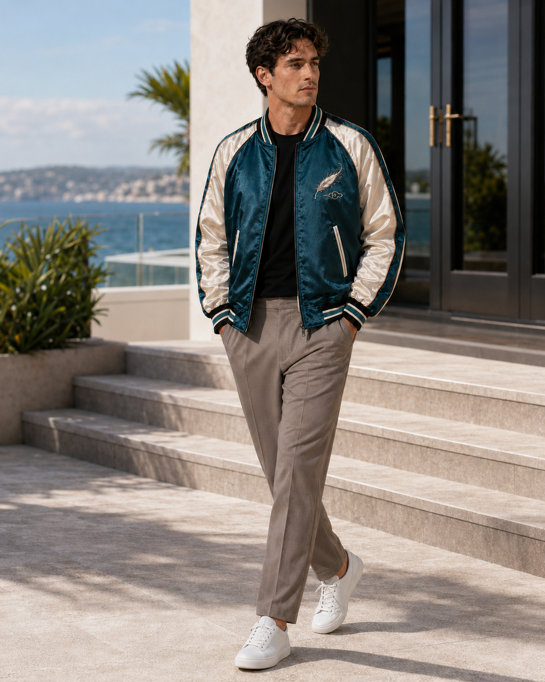 Teal Phoenix Drift Sukajan Jacket by Sukaizen in teal blue with ivory sleeves and phoenix embroidery