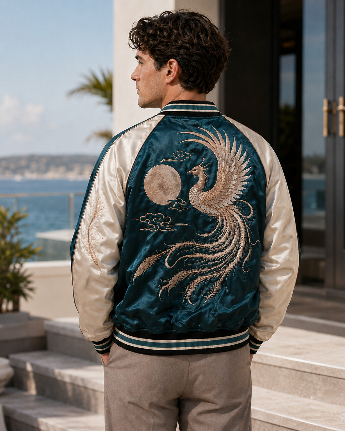 Teal Phoenix Drift Sukajan Jacket by Sukaizen in teal blue with ivory sleeves and phoenix embroidery