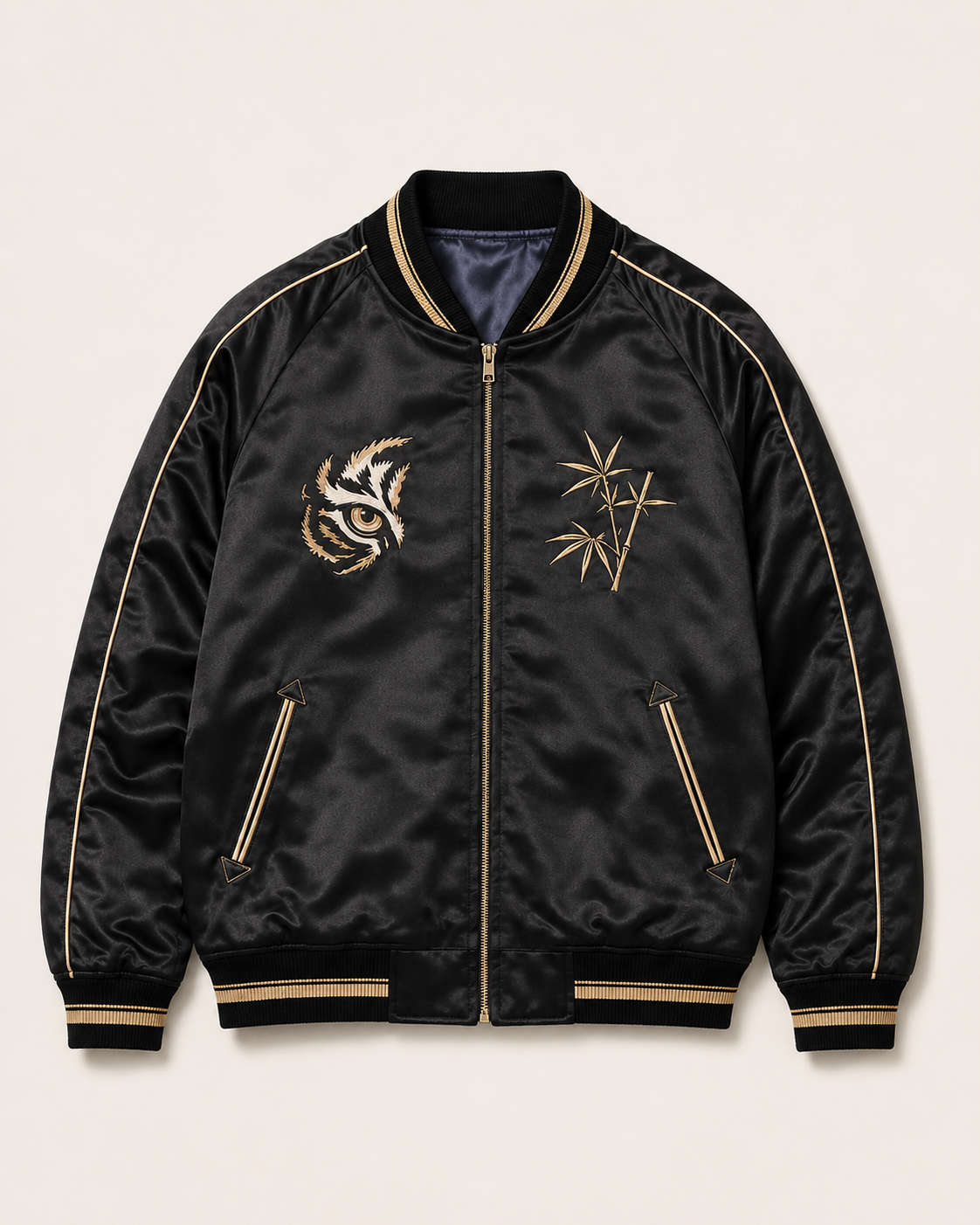 Midnight Tiger Bloom Sukajan Jacket by Sukaizen in black with gold trim and tiger bamboo embroidery