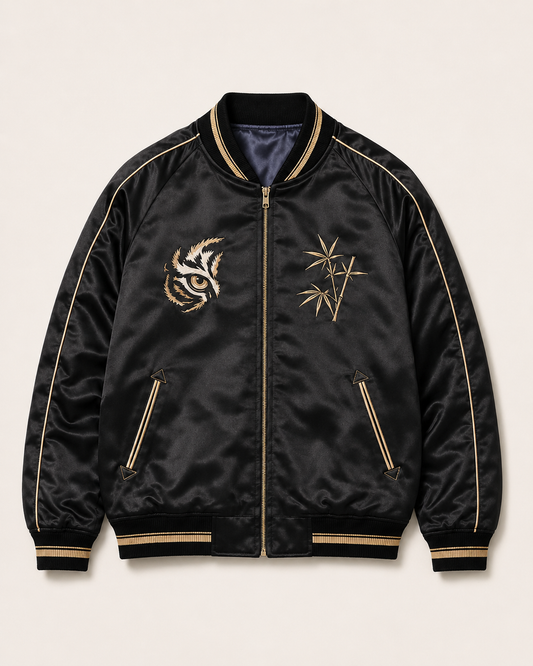 Midnight Tiger Bloom Sukajan Jacket by Sukaizen in black with gold trim and tiger bamboo embroidery