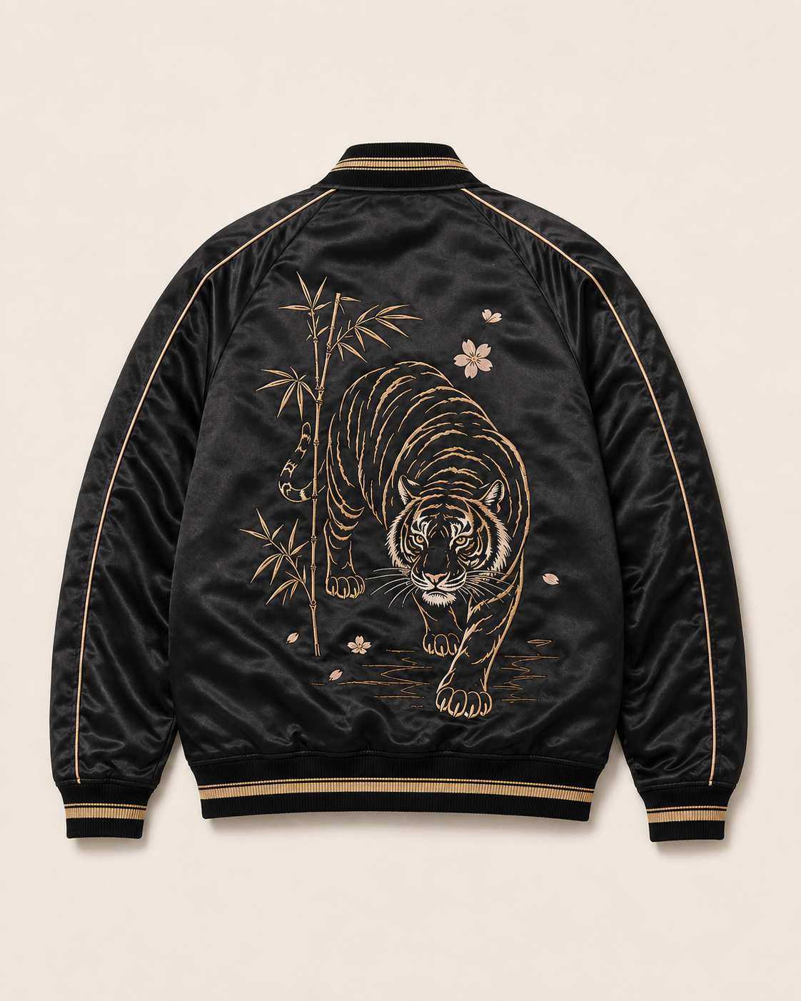 Midnight Tiger Bloom Sukajan Jacket by Sukaizen in black with gold trim and tiger bamboo embroidery
