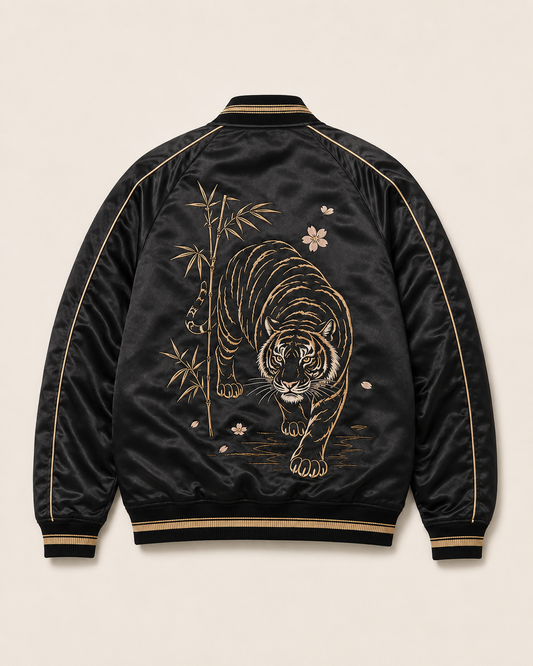 Midnight Tiger Bloom Sukajan Jacket by Sukaizen in black with gold trim and tiger bamboo embroidery
