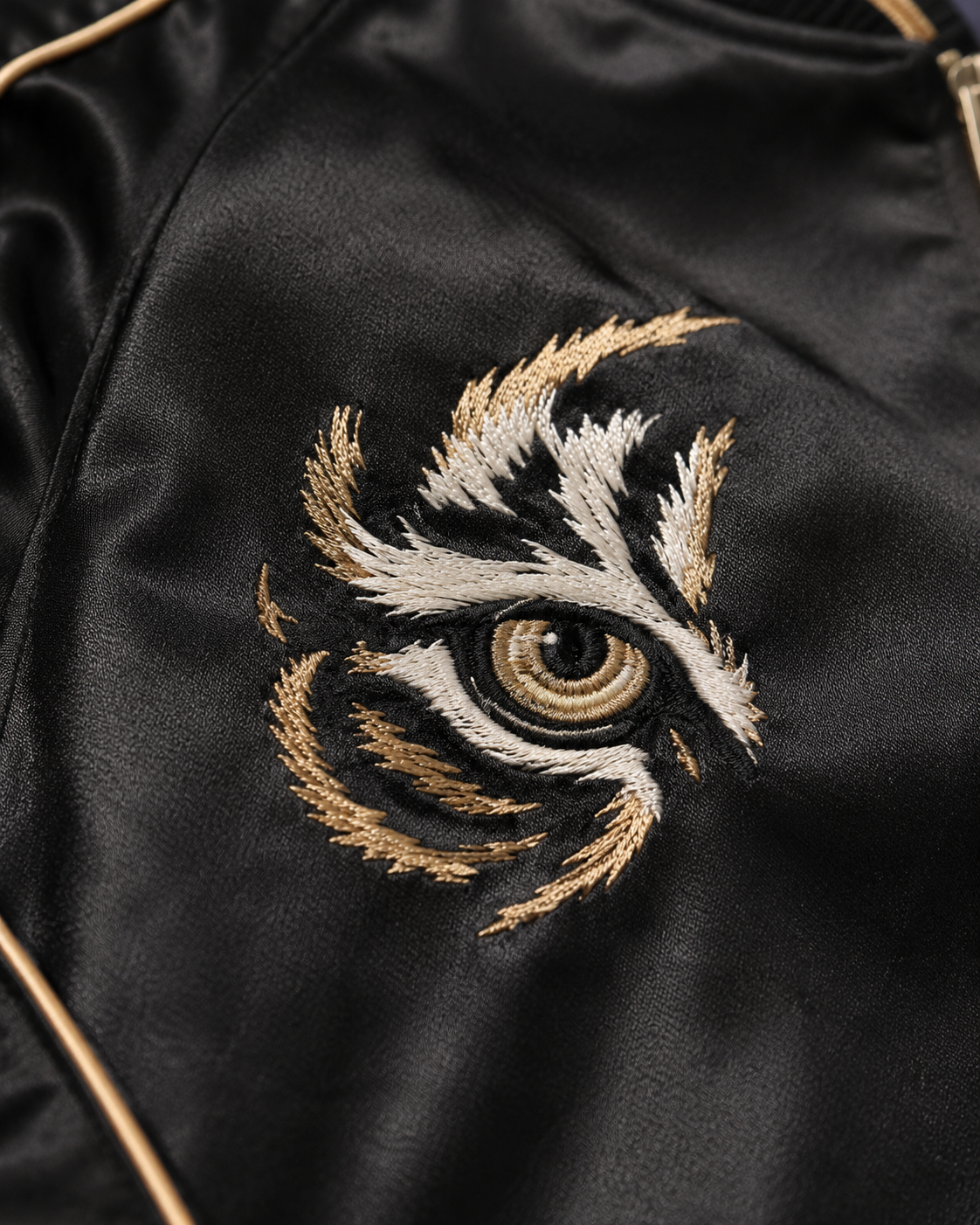 Midnight Tiger Bloom Sukajan Jacket by Sukaizen in black with gold trim and tiger bamboo embroidery