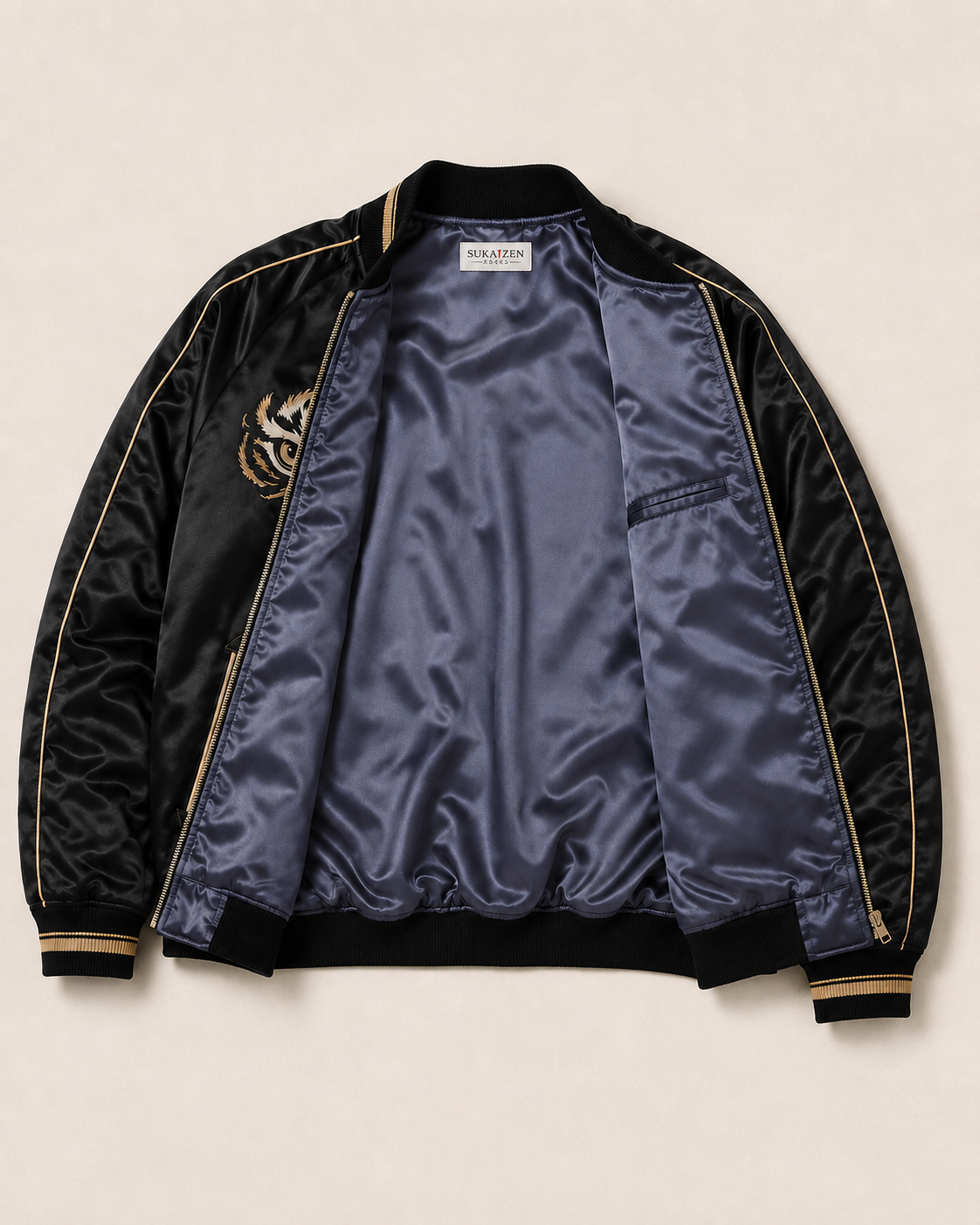 Midnight Tiger Bloom Sukajan Jacket by Sukaizen in black with gold trim and tiger bamboo embroidery