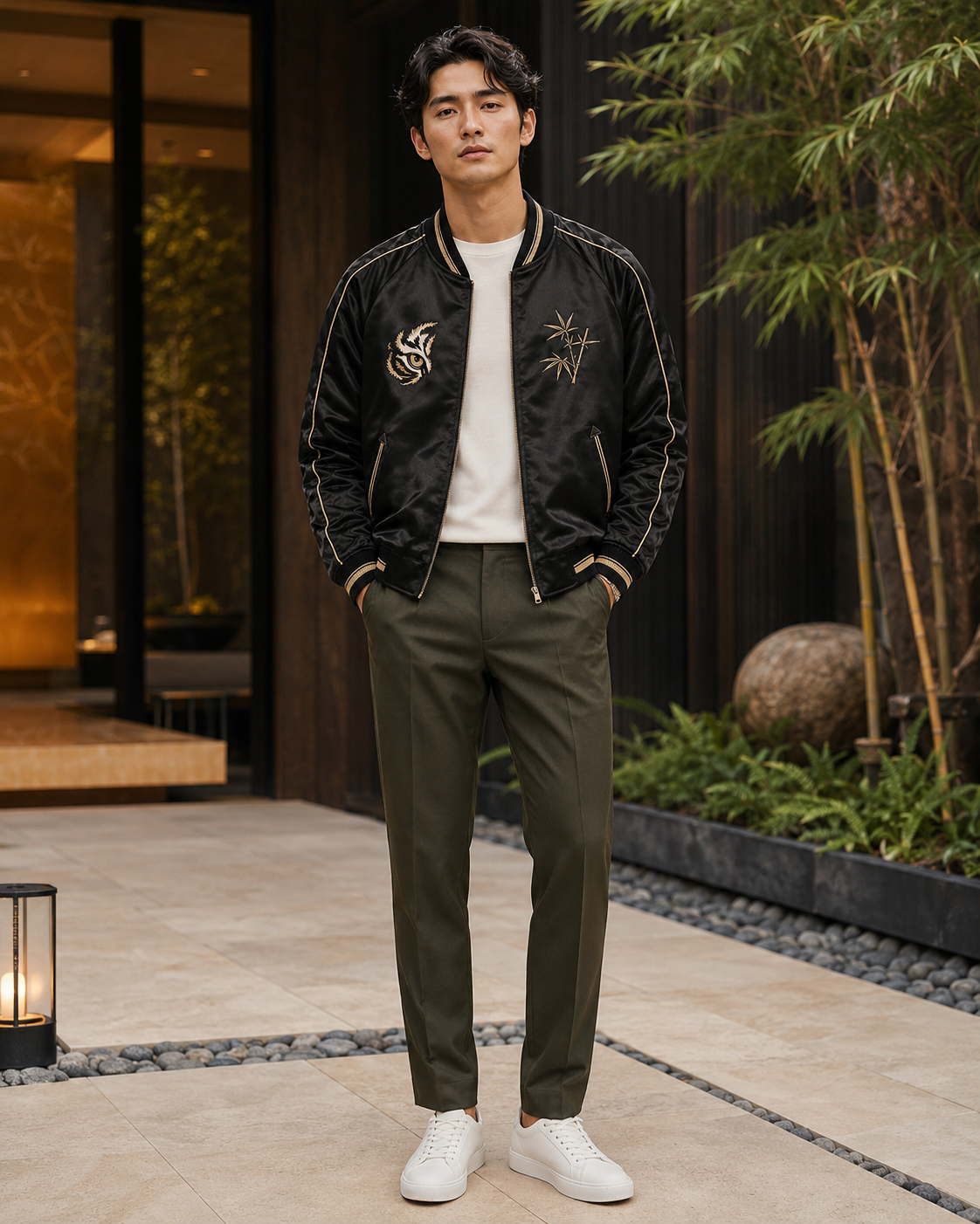 Midnight Tiger Bloom Sukajan Jacket by Sukaizen in black with gold trim and tiger bamboo embroidery