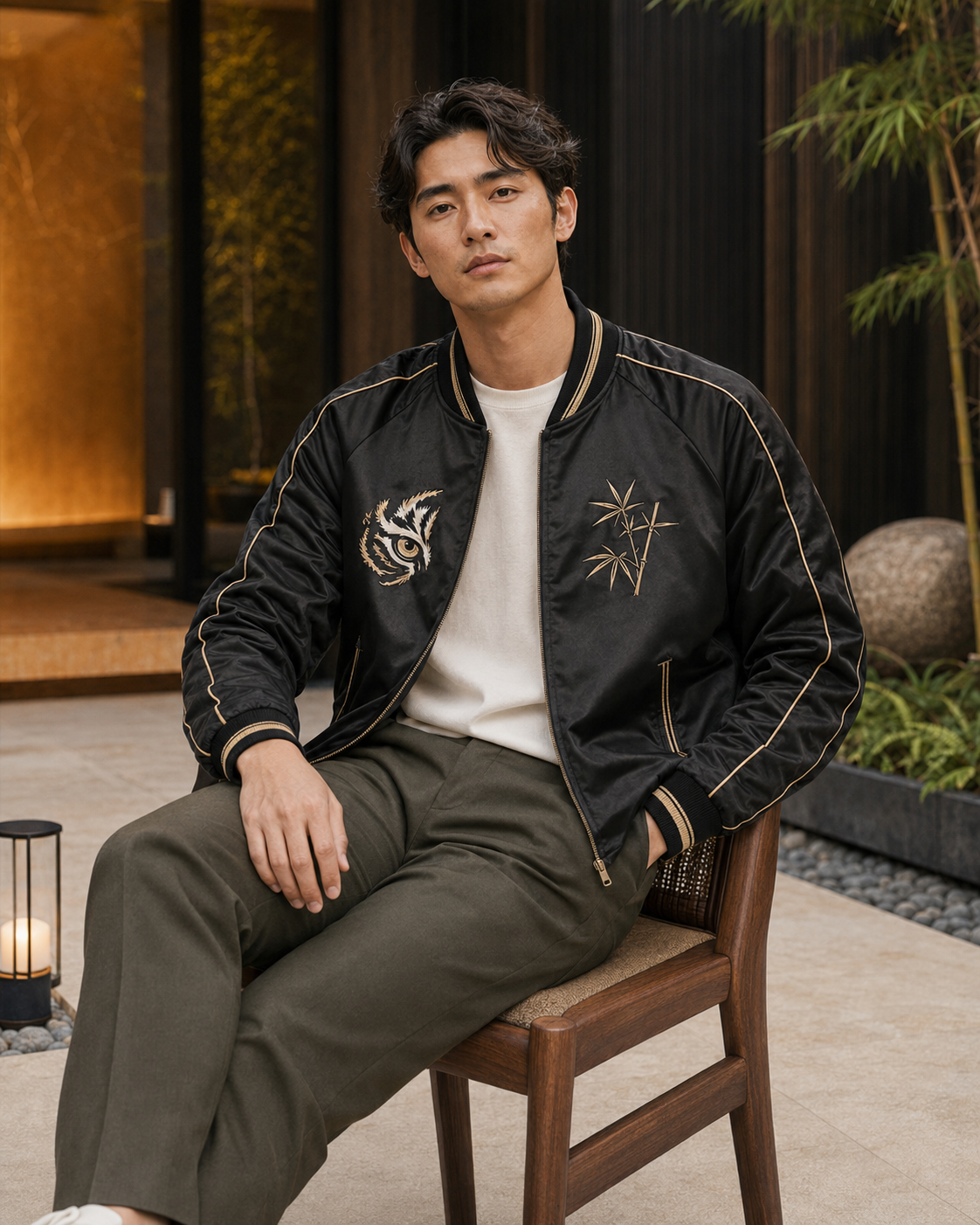 Midnight Tiger Bloom Sukajan Jacket by Sukaizen in black with gold trim and tiger bamboo embroidery