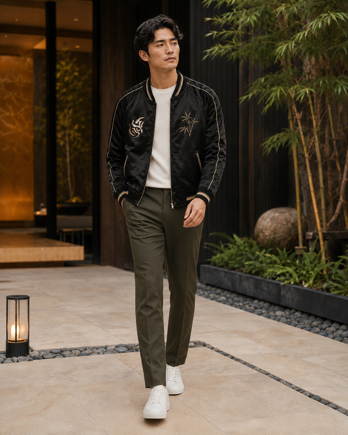 Midnight Tiger Bloom Sukajan Jacket by Sukaizen in black with gold trim and tiger bamboo embroidery