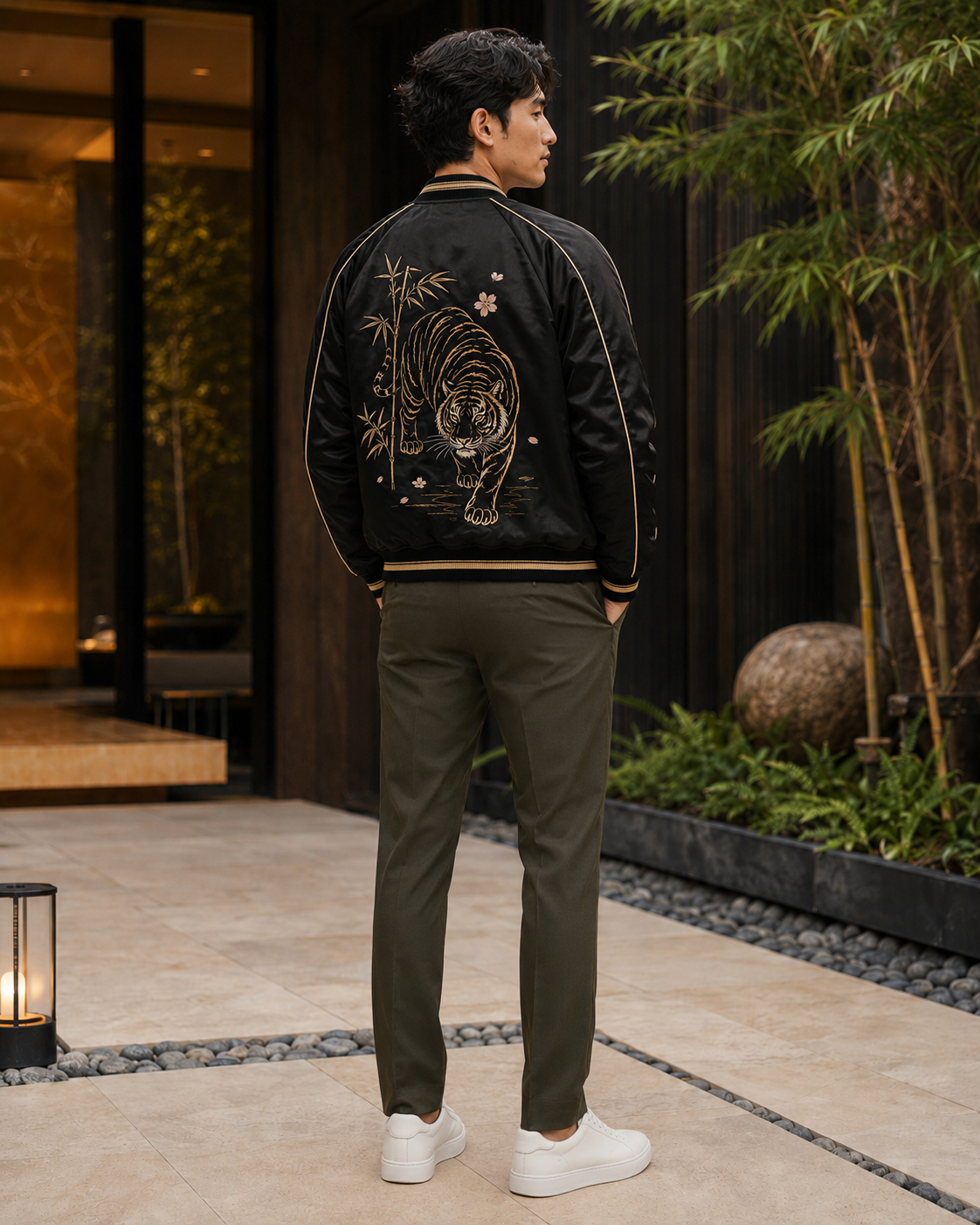 Midnight Tiger Bloom Sukajan Jacket by Sukaizen in black with gold trim and tiger bamboo embroidery
