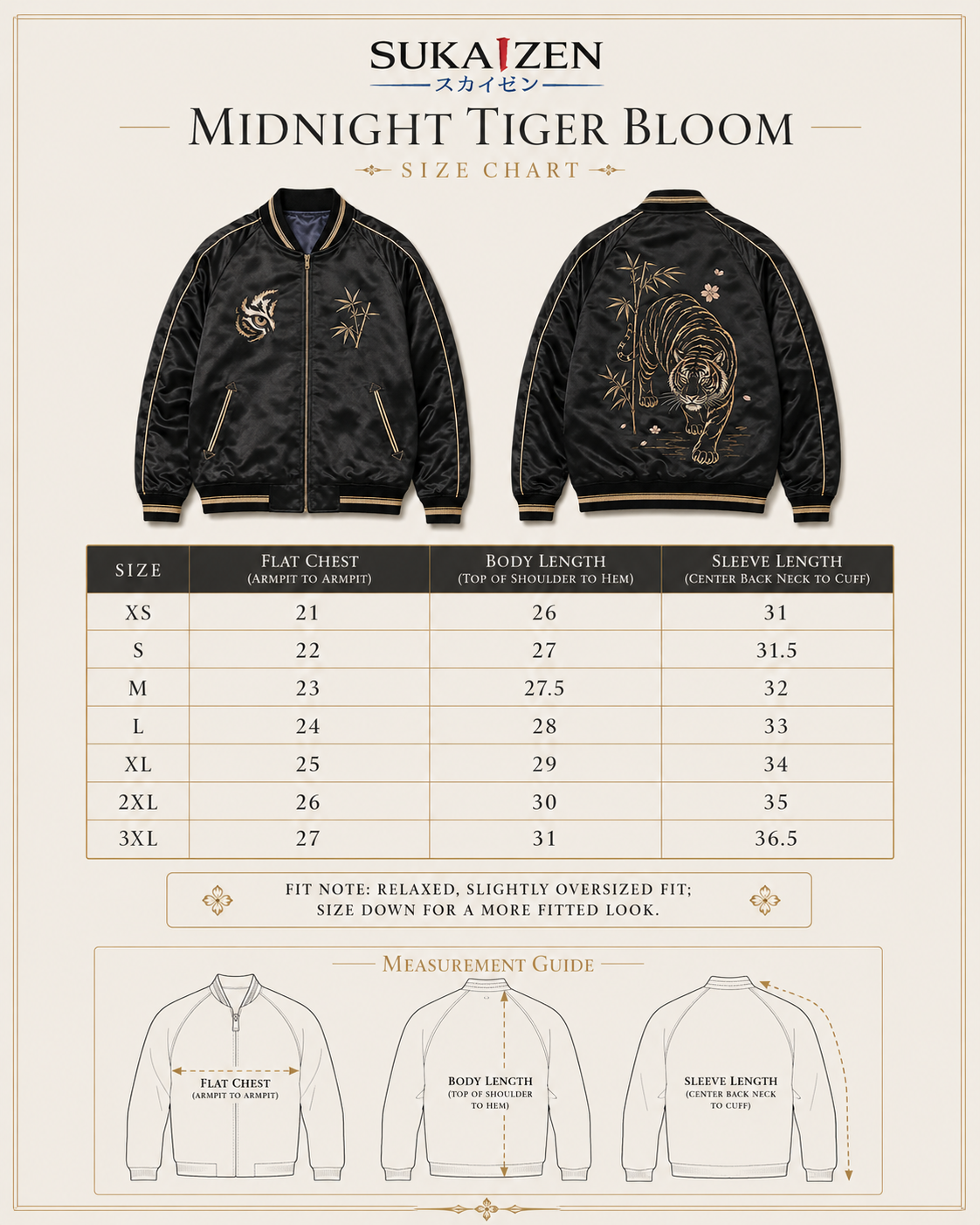 Midnight Tiger Bloom Sukajan Jacket by Sukaizen in black with gold trim and tiger bamboo embroidery