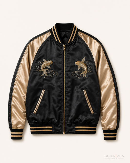 Golden Koi Cascade Sukajan Jacket by Sukaizen in black with gold sleeves and koi fish wave embroidery