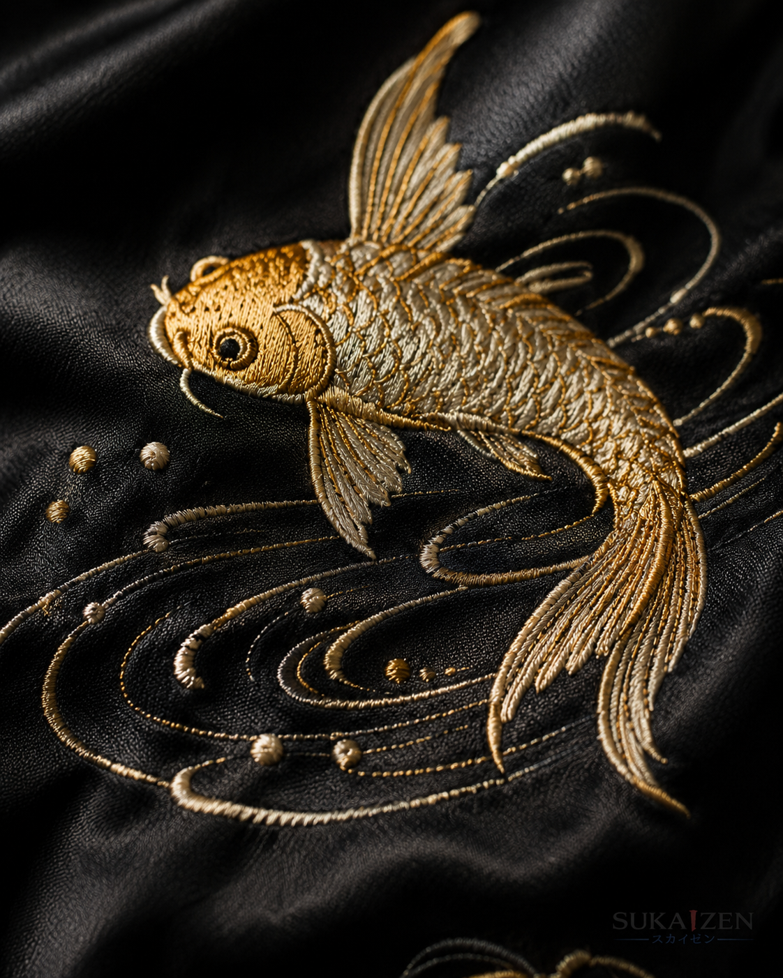 Golden Koi Cascade Sukajan Jacket by Sukaizen in black with gold sleeves and koi fish wave embroidery