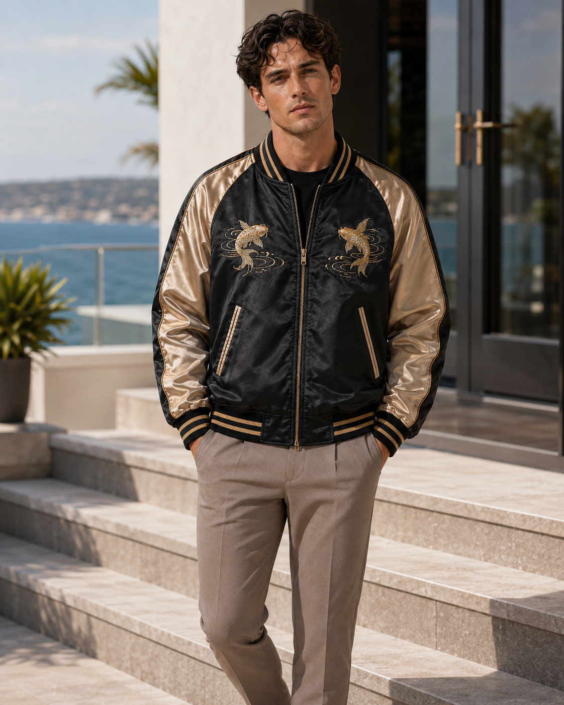 Golden Koi Cascade Sukajan Jacket by Sukaizen in black with gold sleeves and koi fish wave embroidery