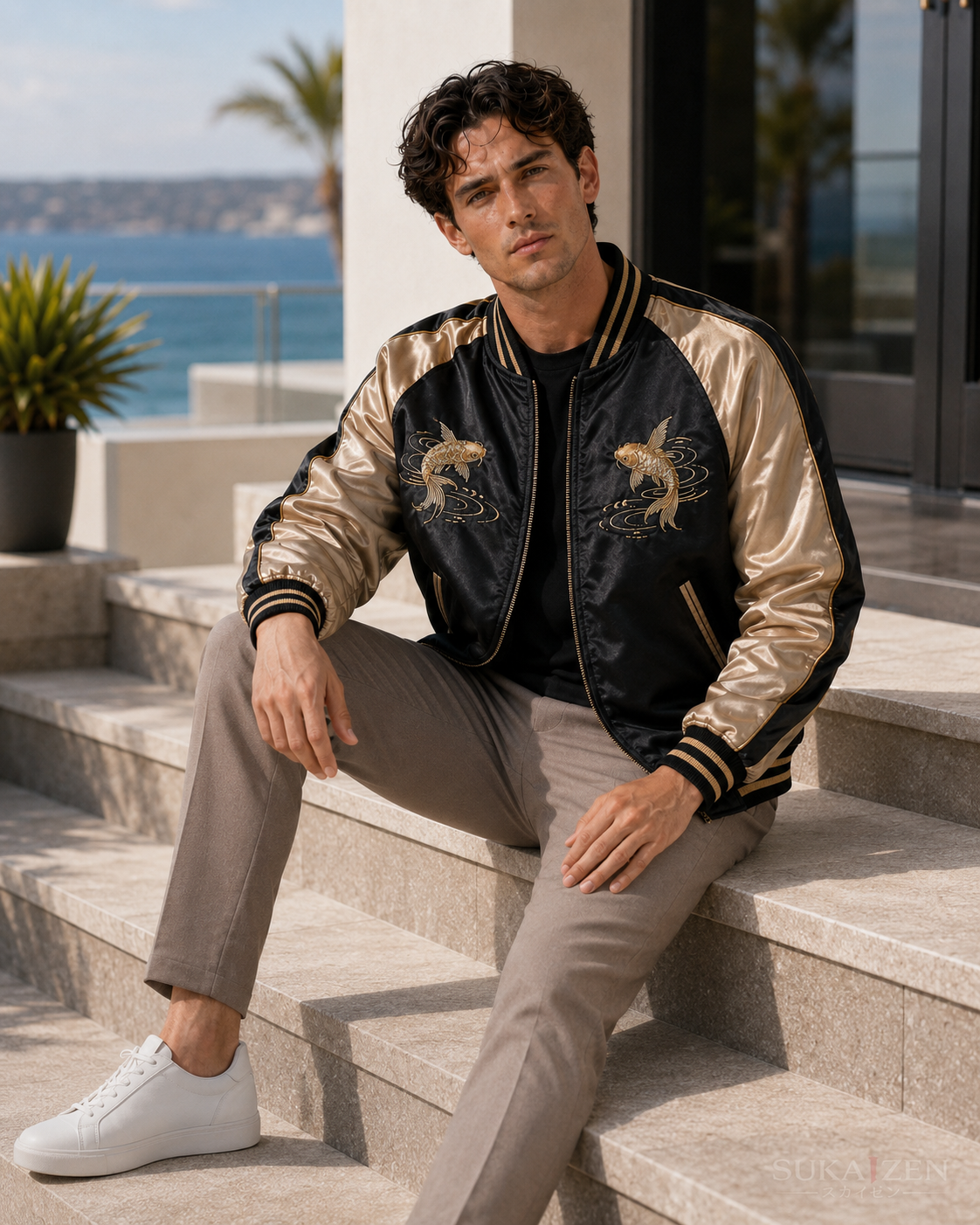 Golden Koi Cascade Sukajan Jacket by Sukaizen in black with gold sleeves and koi fish wave embroidery
