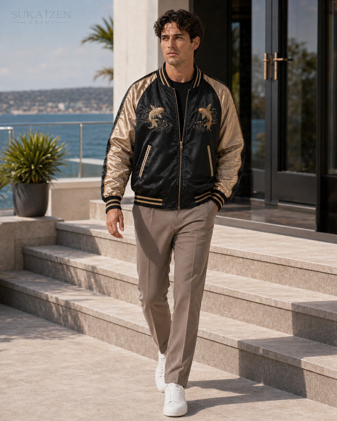 Golden Koi Cascade Sukajan Jacket by Sukaizen in black with gold sleeves and koi fish wave embroidery