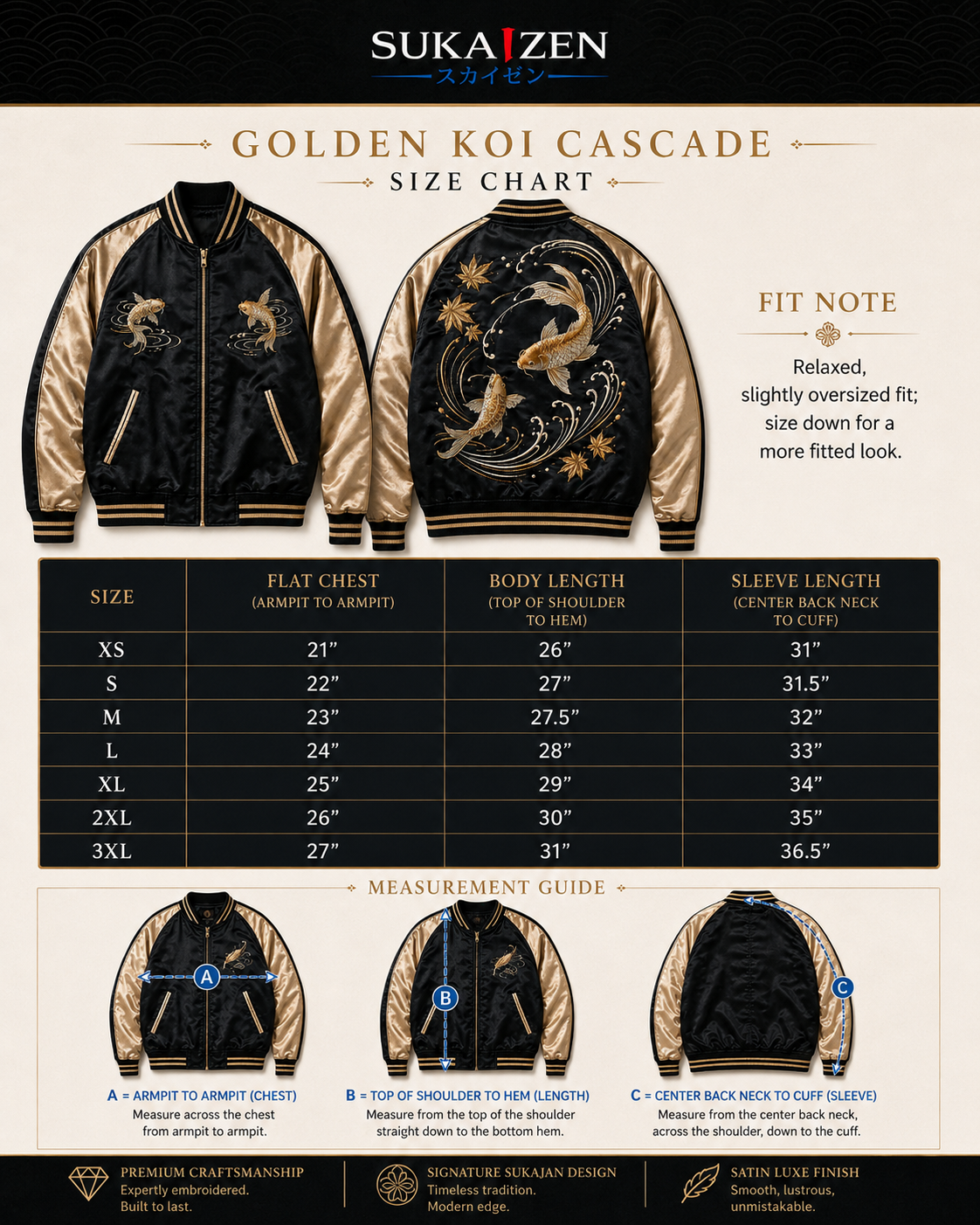 Golden Koi Cascade Sukajan Jacket by Sukaizen in black with gold sleeves and koi fish wave embroidery