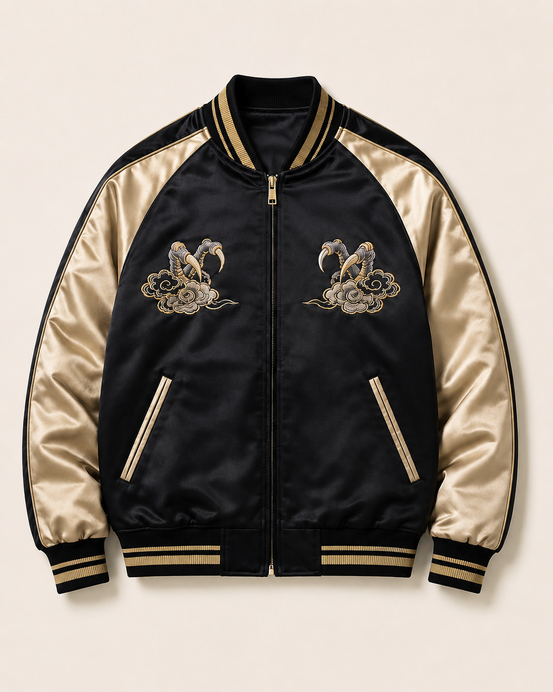 Imperial Dragon Cloud Sukajan Jacket by Sukaizen in black with gold sleeves and dragon cloud embroidery