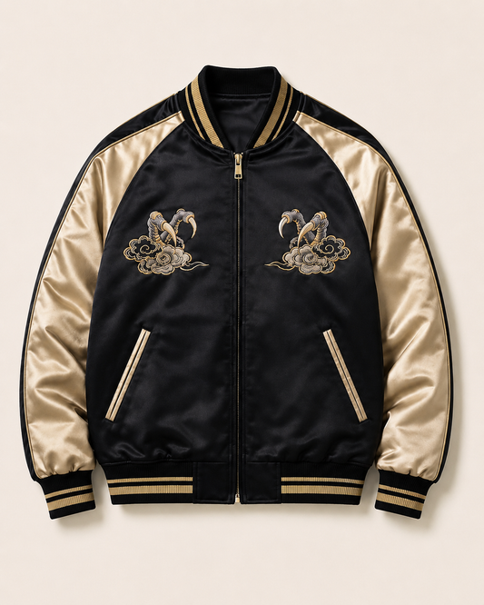 Imperial Dragon Cloud Sukajan Jacket by Sukaizen in black with gold sleeves and dragon cloud embroidery