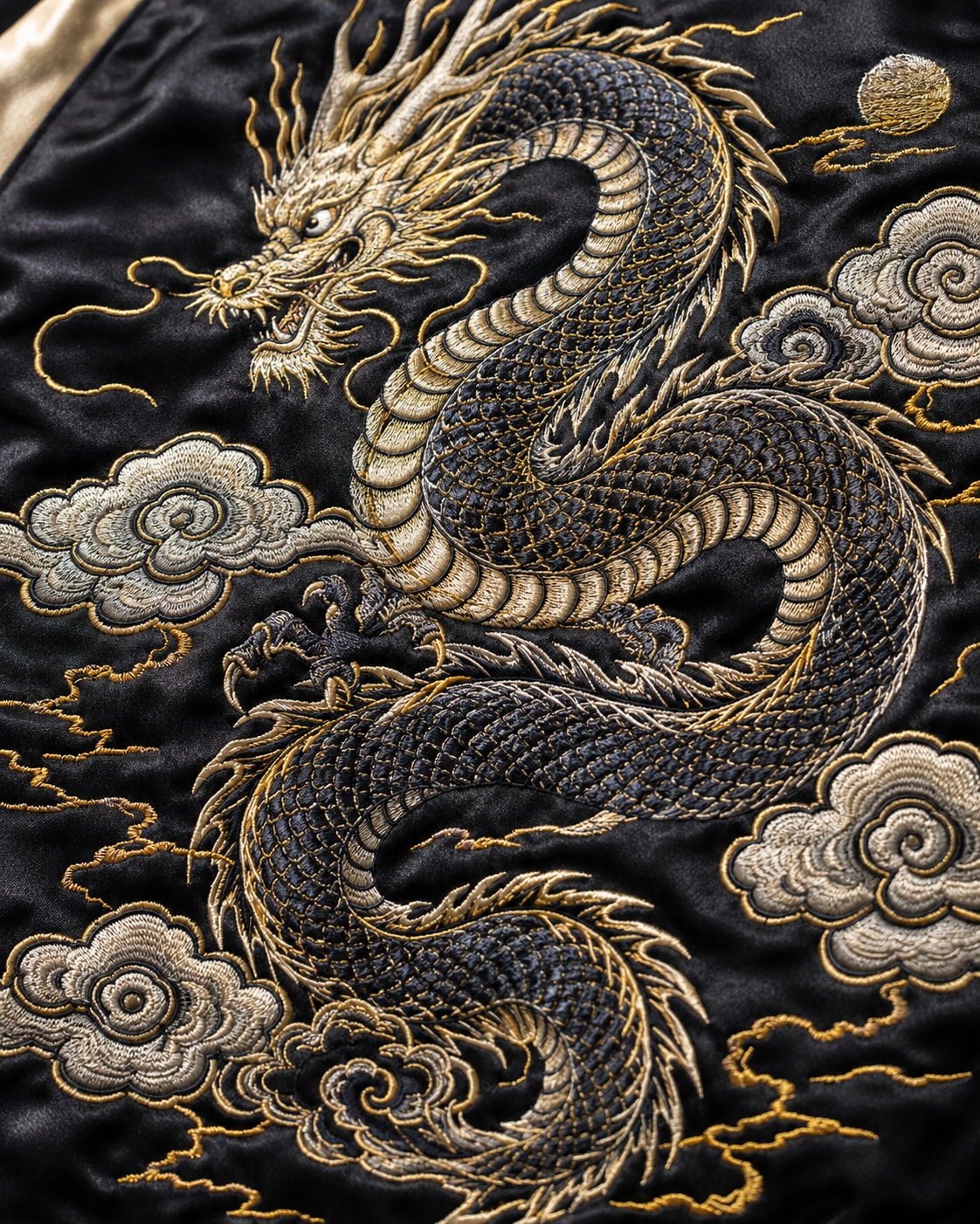 Imperial Dragon Cloud Sukajan Jacket by Sukaizen in black with gold sleeves and dragon cloud embroidery