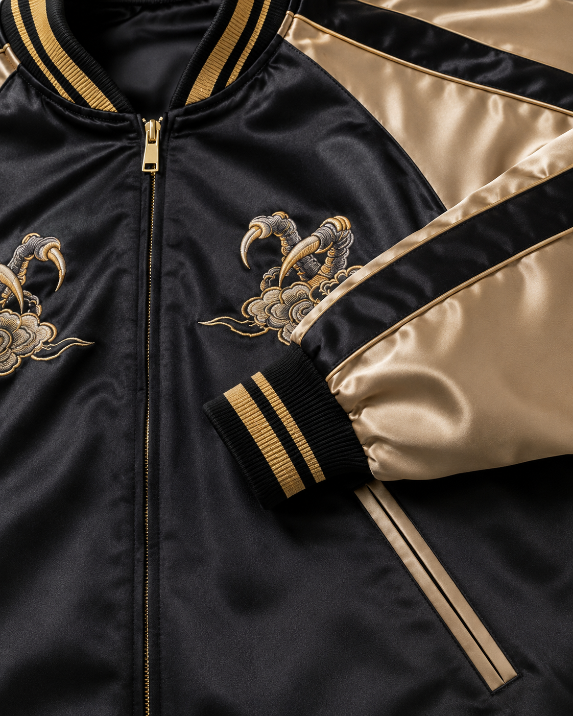 Imperial Dragon Cloud Sukajan Jacket by Sukaizen in black with gold sleeves and dragon cloud embroidery