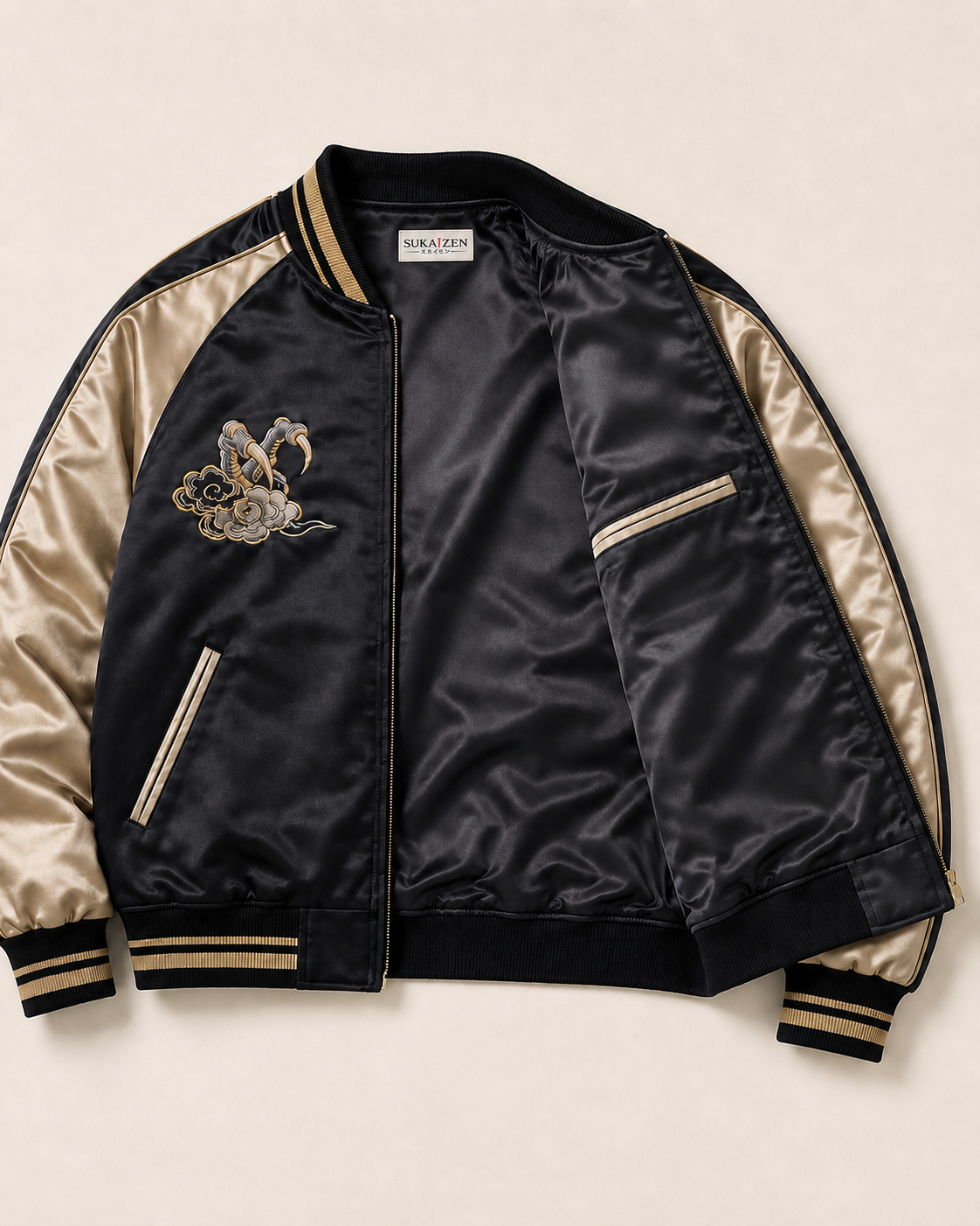 Imperial Dragon Cloud Sukajan Jacket by Sukaizen in black with gold sleeves and dragon cloud embroidery