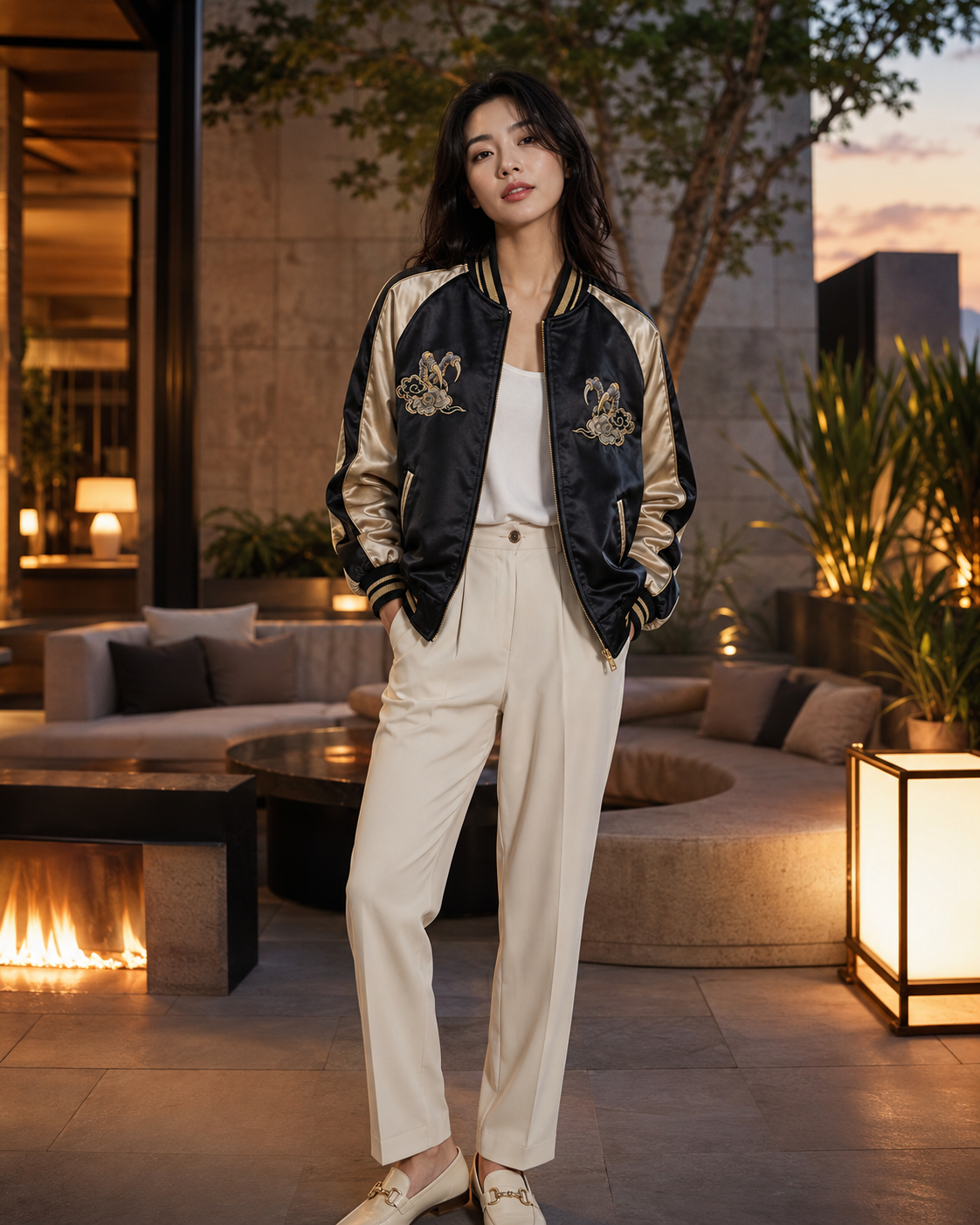 Imperial Dragon Cloud Sukajan Jacket by Sukaizen in black with gold sleeves and dragon cloud embroidery