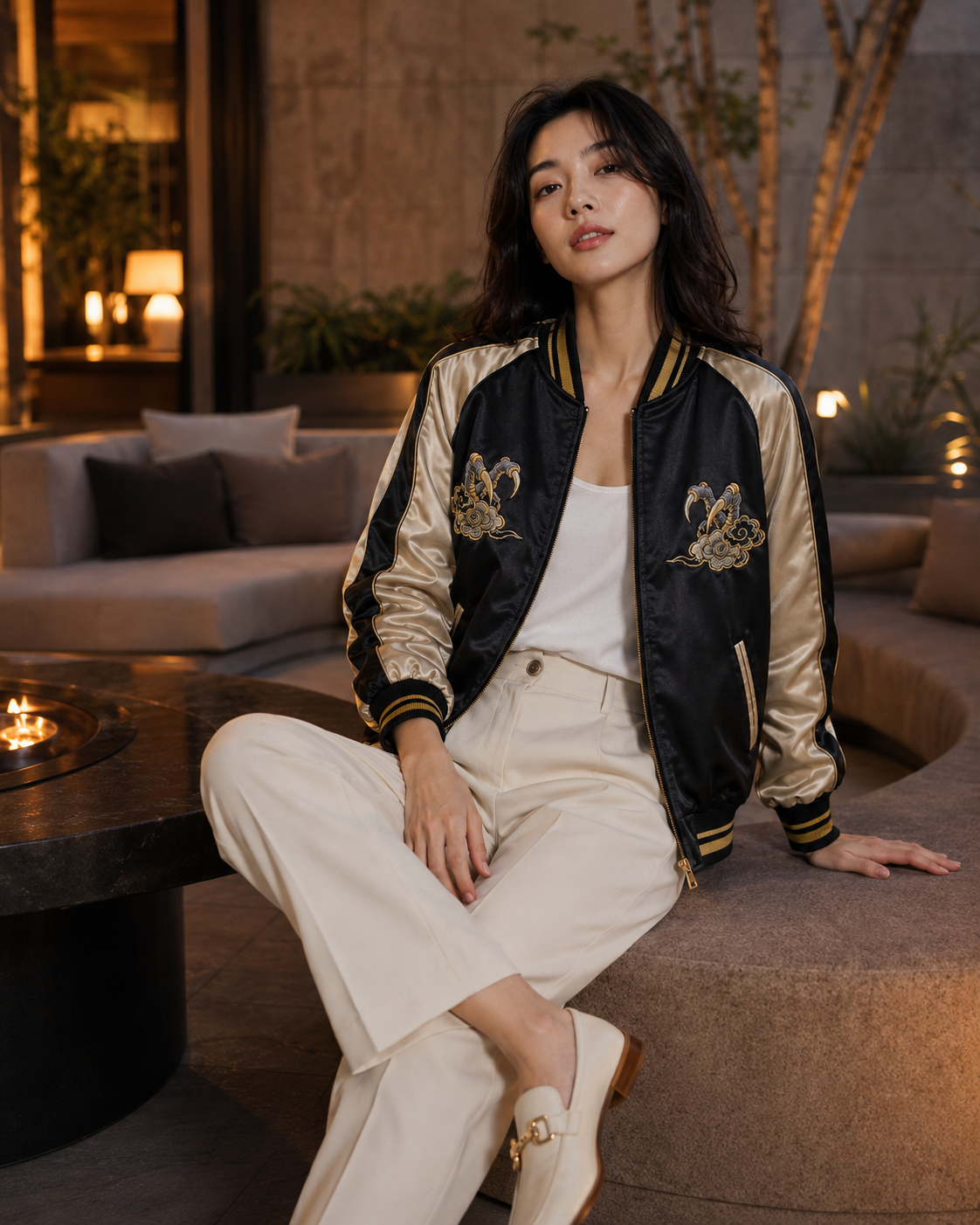 Imperial Dragon Cloud Sukajan Jacket by Sukaizen in black with gold sleeves and dragon cloud embroidery