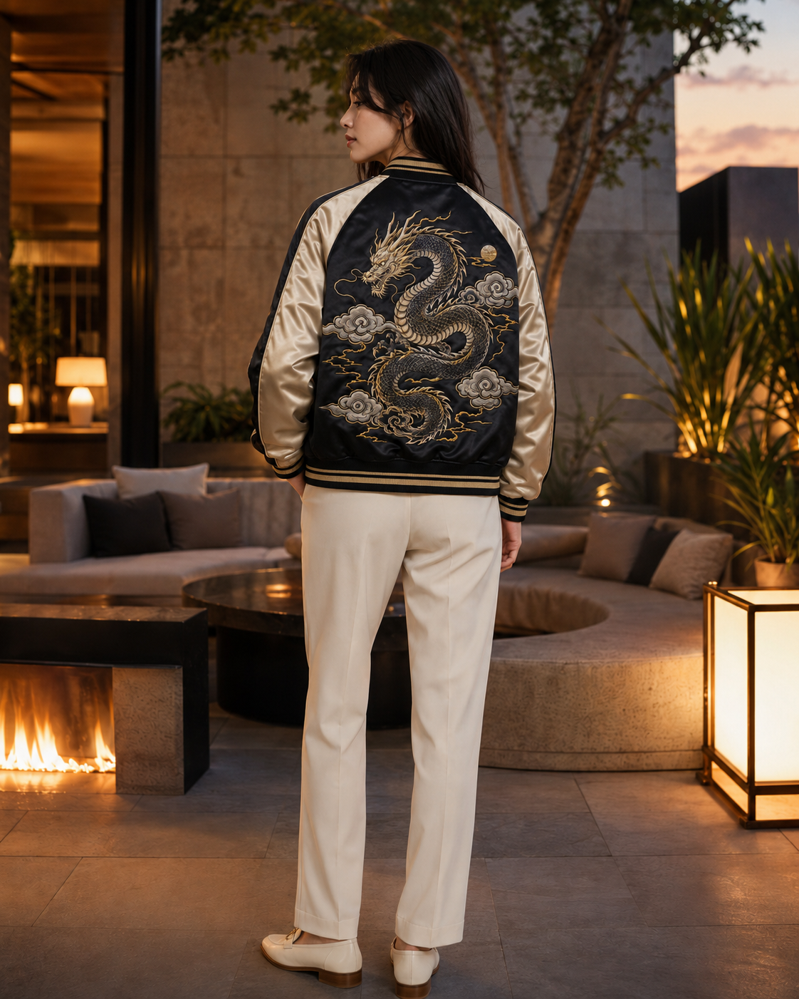 Imperial Dragon Cloud Sukajan Jacket by Sukaizen in black with gold sleeves and dragon cloud embroidery